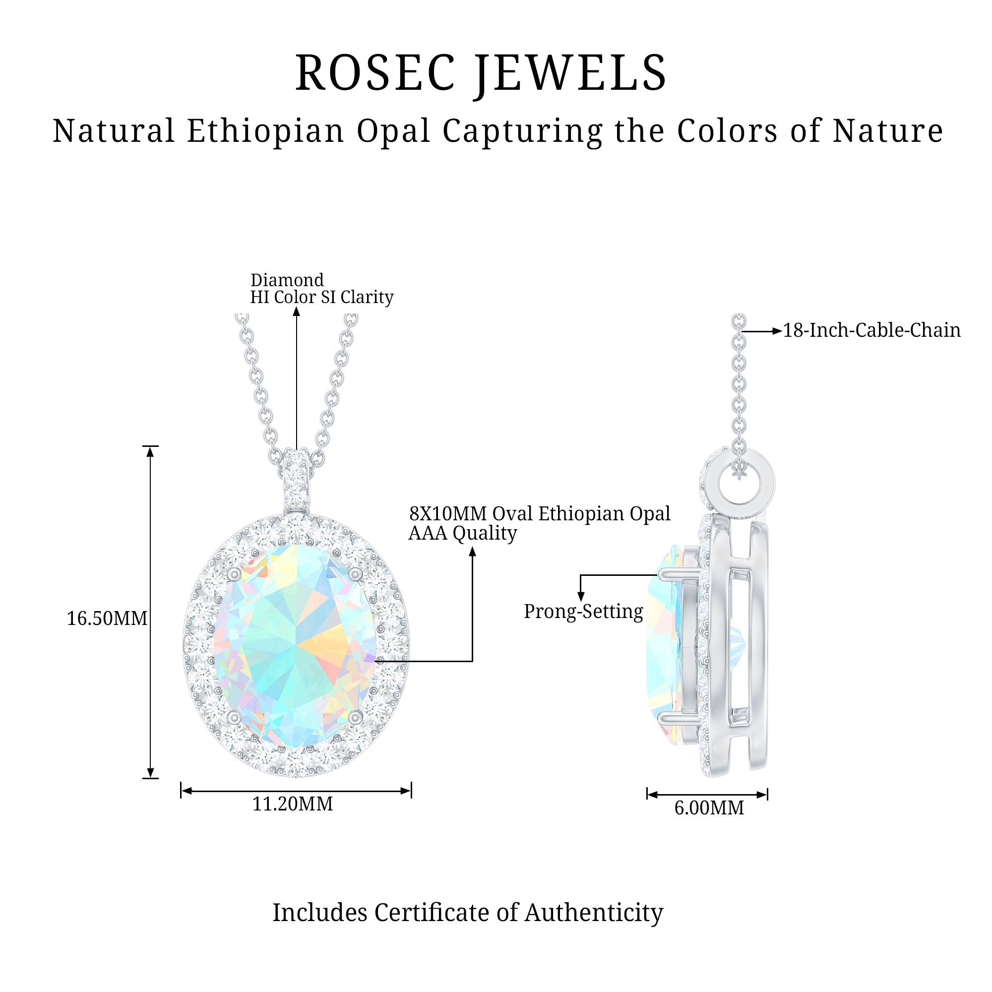 Real 1.3 Carat Ethiopian Opal Oval Pendant Necklace with Diamond Halo