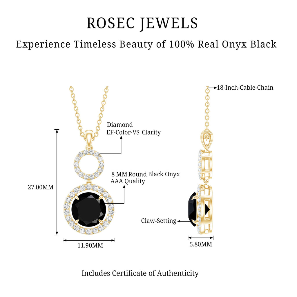 Natural 2 CT Round Black Onyx Necklace with Diamond Halo