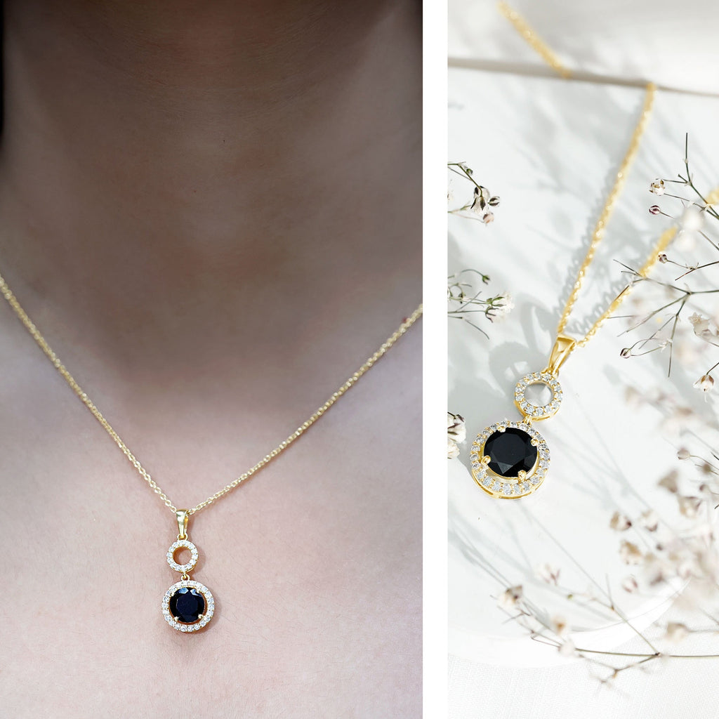 Natural 2 CT Round Black Onyx Necklace with Diamond Halo