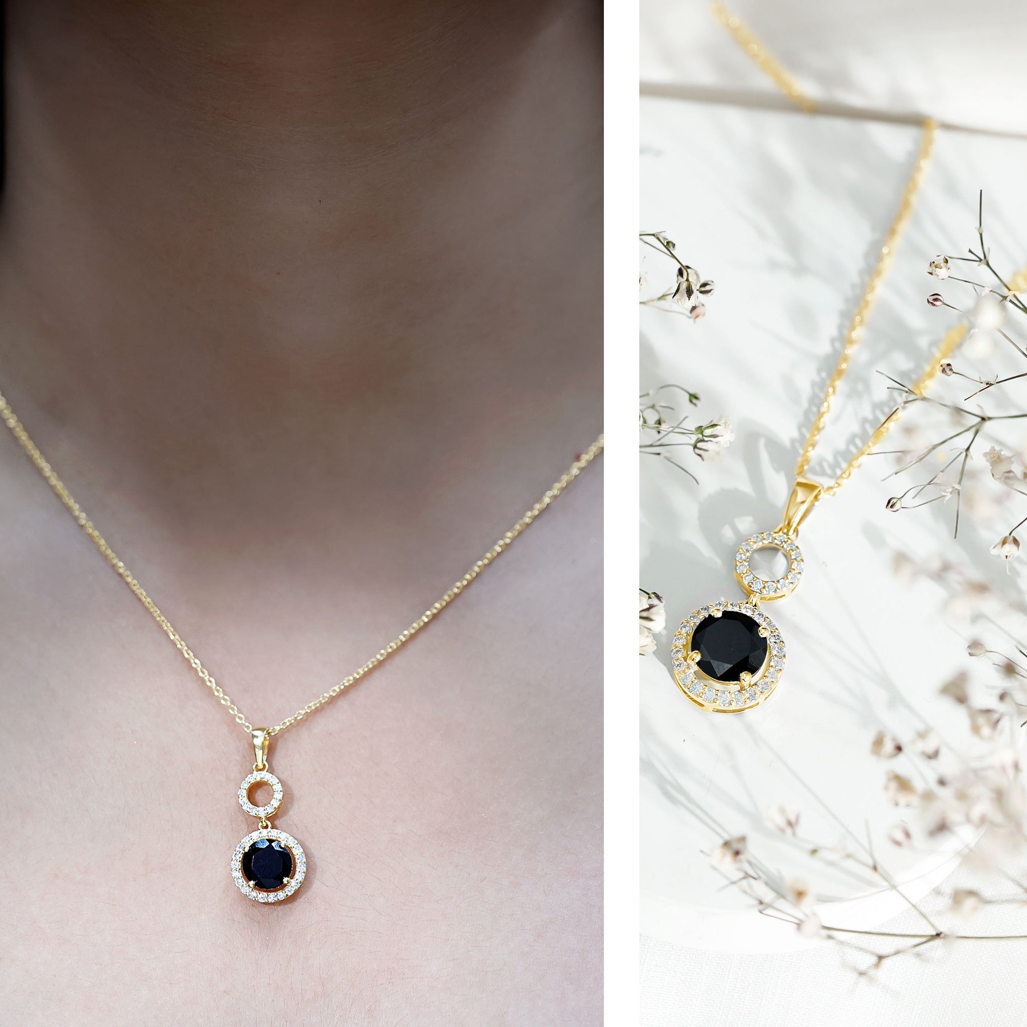 Natural 2 CT Round Black Onyx Necklace with Diamond Halo