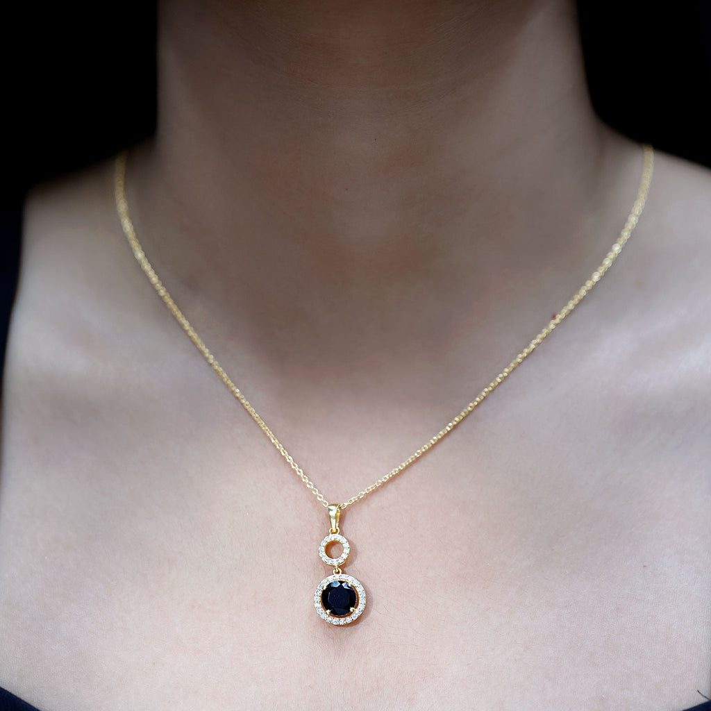 Natural 2 CT Round Black Onyx Necklace with Diamond Halo