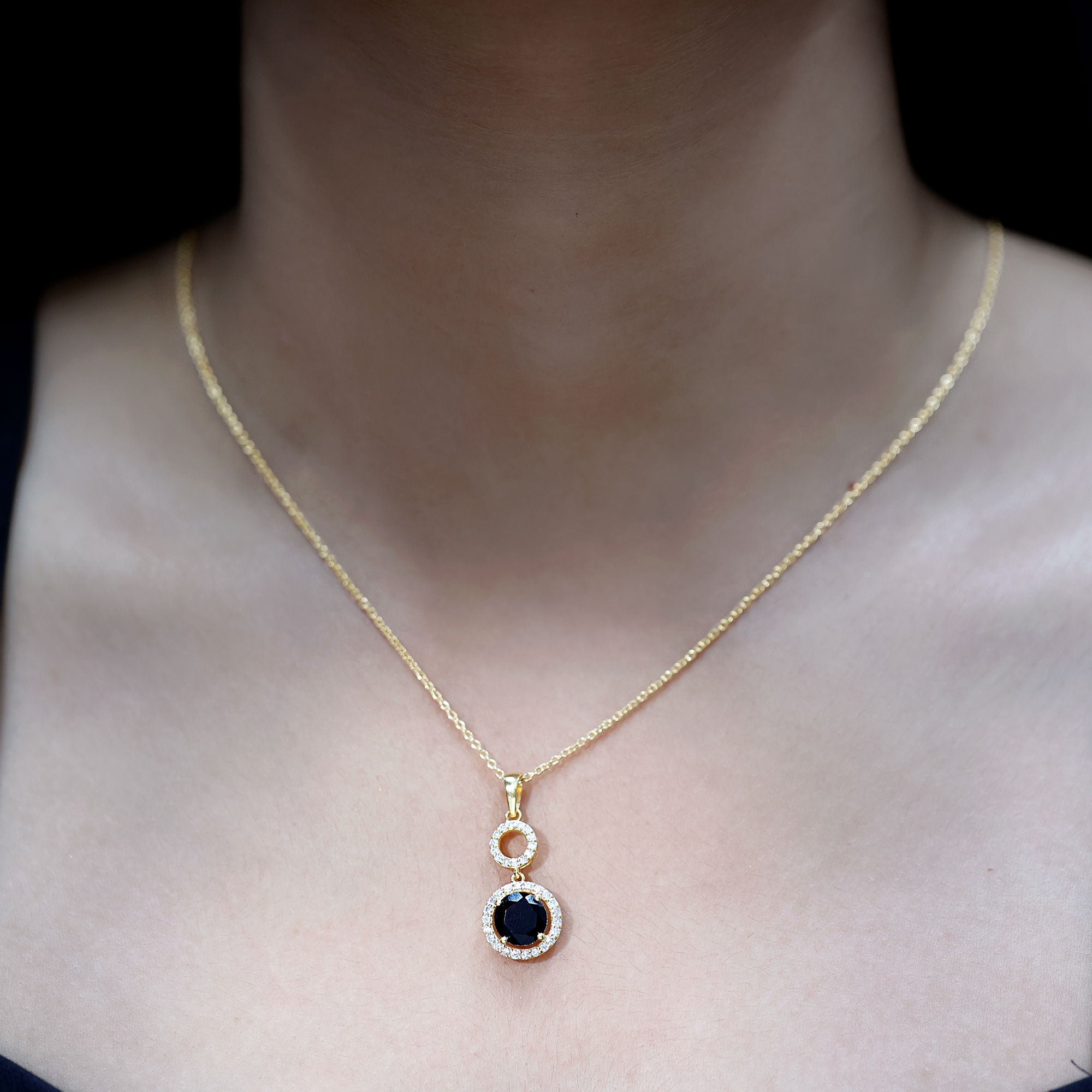 Natural 2 CT Round Black Onyx Necklace with Diamond Halo