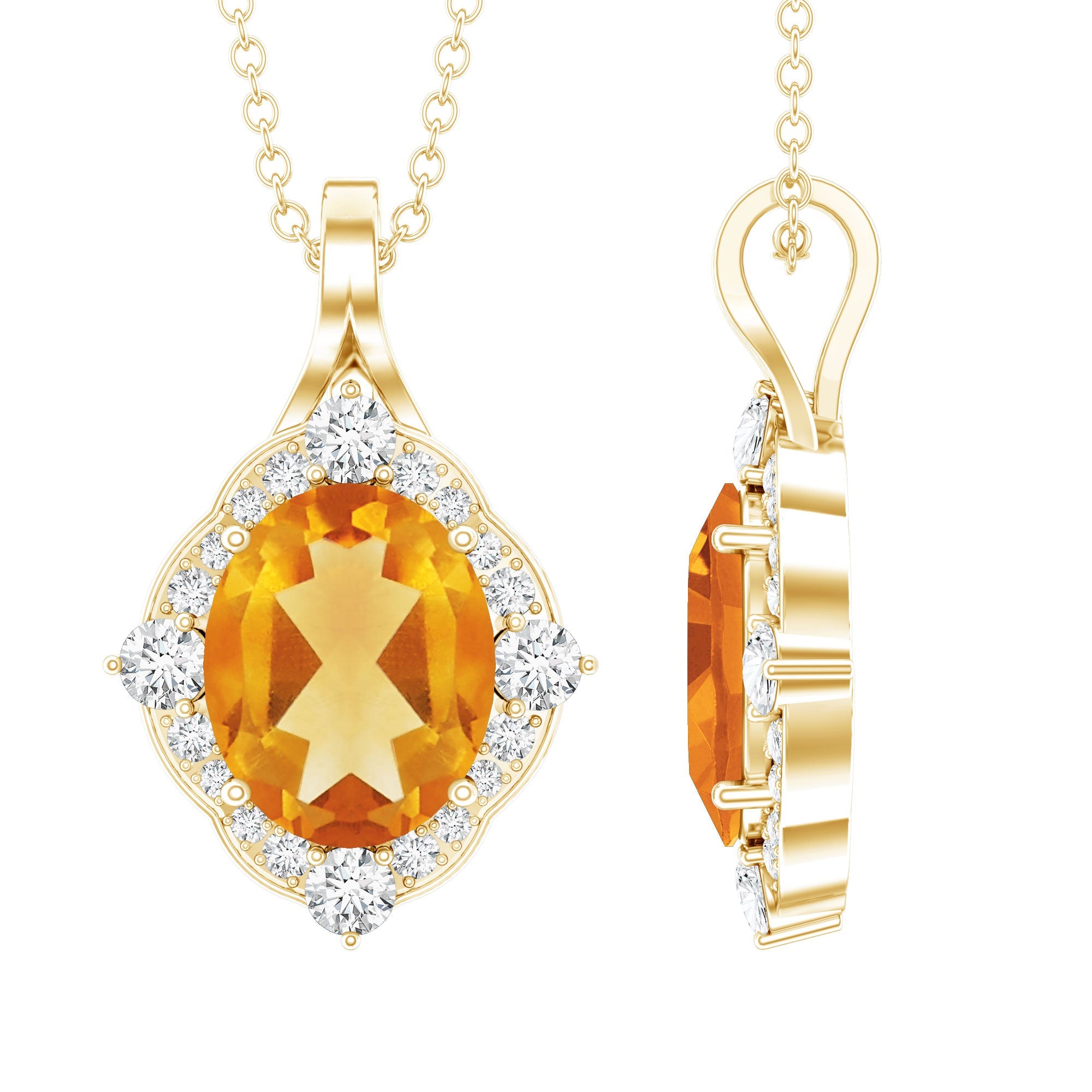 Citrine Diamond Necklace – 2.5 Carat Oval Citrine Pendant With Lab Created Diamond Halo