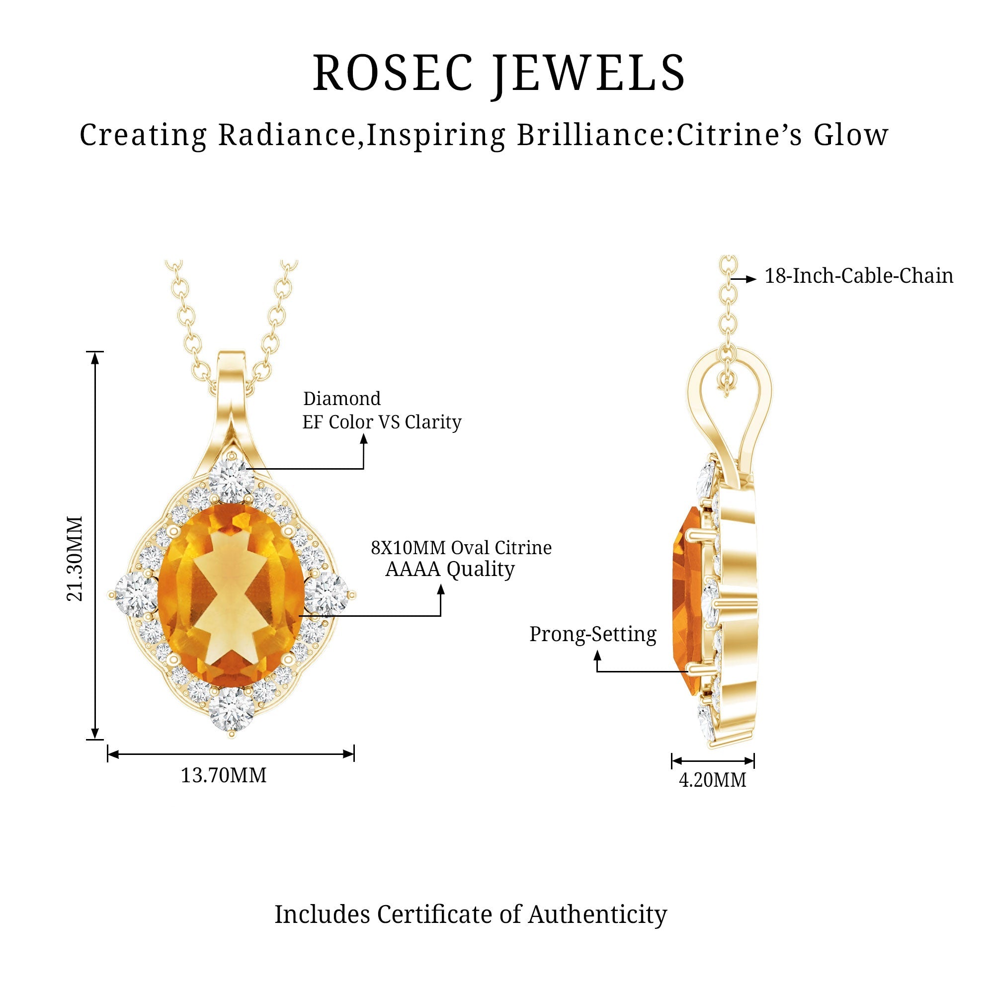 Citrine Diamond Necklace – 2.5 Carat Oval Citrine Pendant With Lab Created Diamond Halo