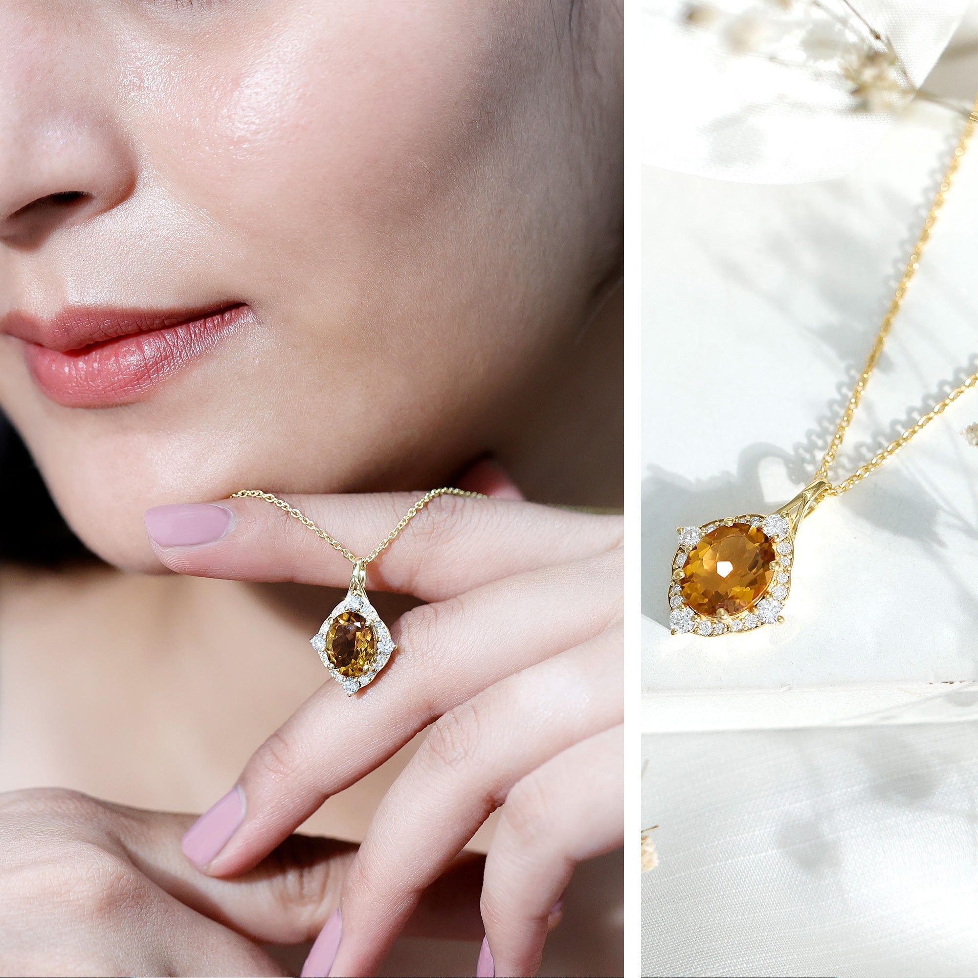 Citrine Diamond Necklace – 2.5 Carat Oval Citrine Pendant With Lab Created Diamond Halo