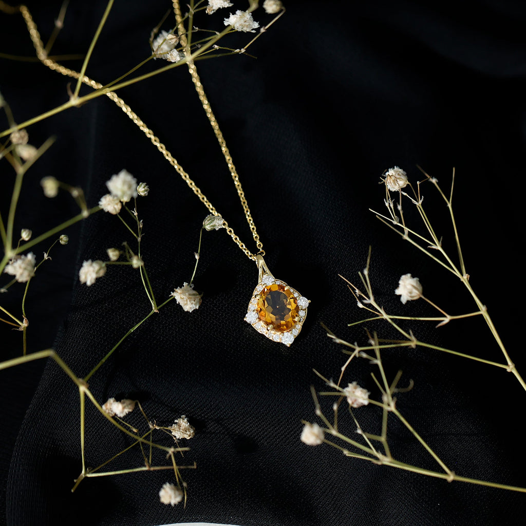 Citrine Diamond Necklace – 2.5 Carat Oval Citrine Pendant With Lab Created Diamond Halo