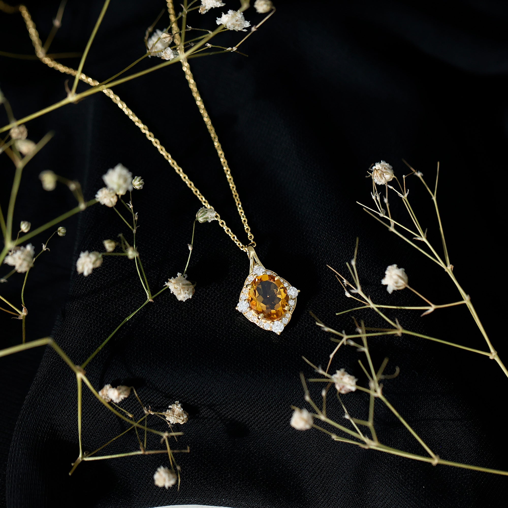 Citrine Diamond Necklace – 2.5 Carat Oval Citrine Pendant With Lab Created Diamond Halo