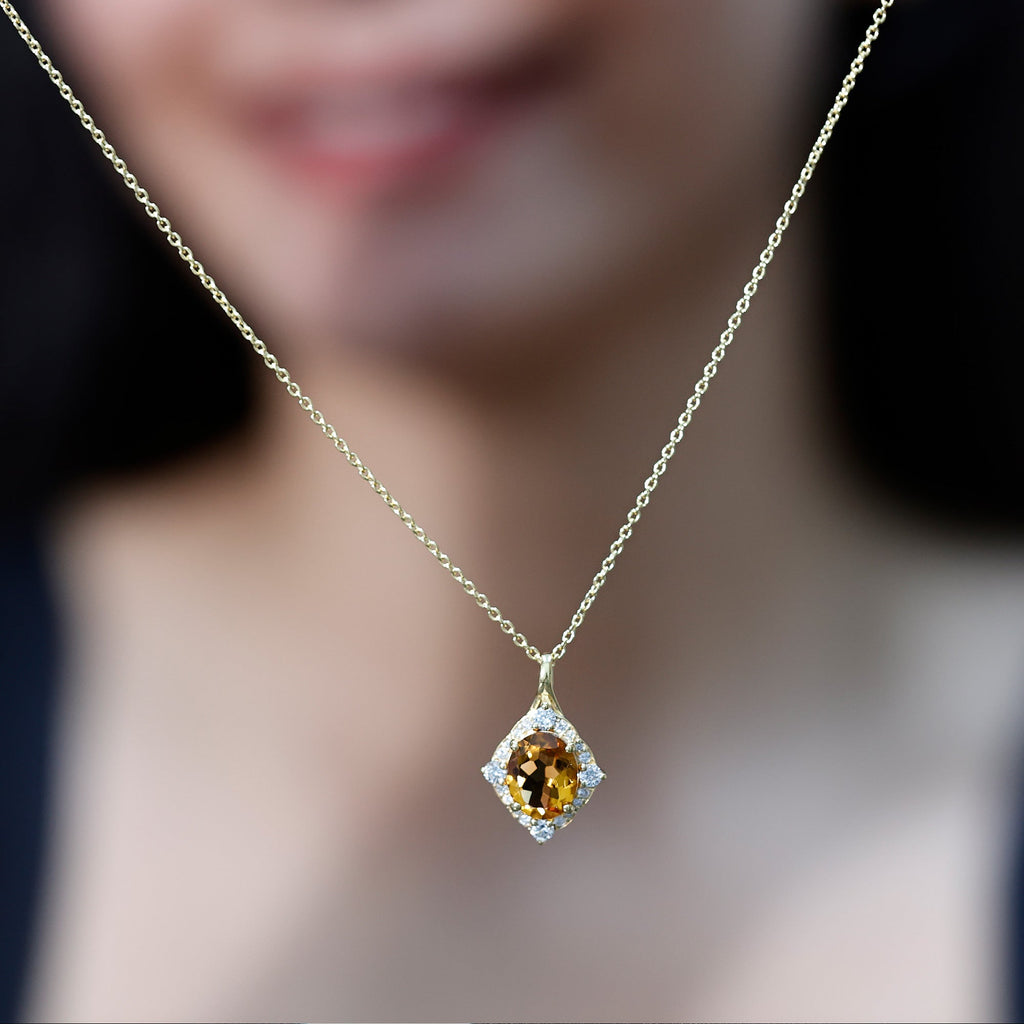 Citrine Diamond Necklace – 2.5 Carat Oval Citrine Pendant With Lab Created Diamond Halo