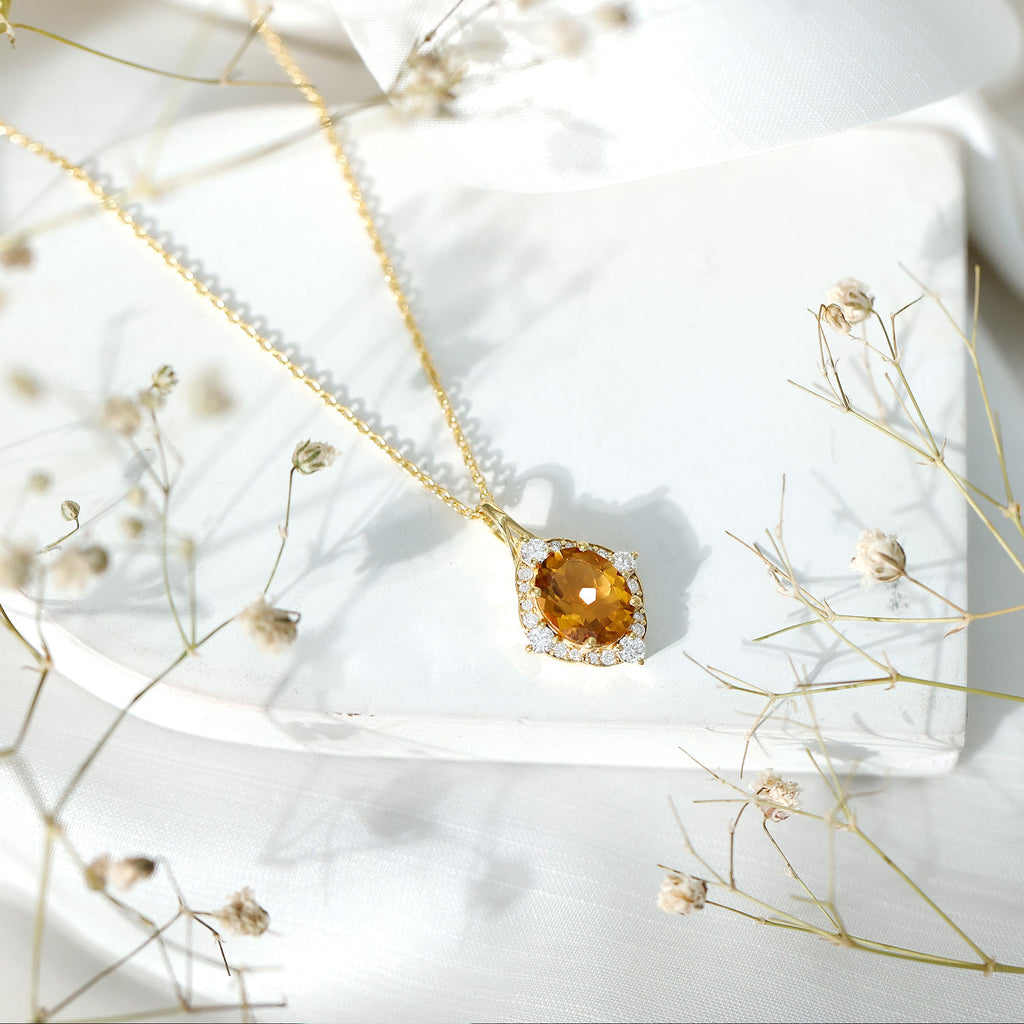 Citrine Diamond Necklace – 2.5 Carat Oval Citrine Pendant With Lab Created Diamond Halo