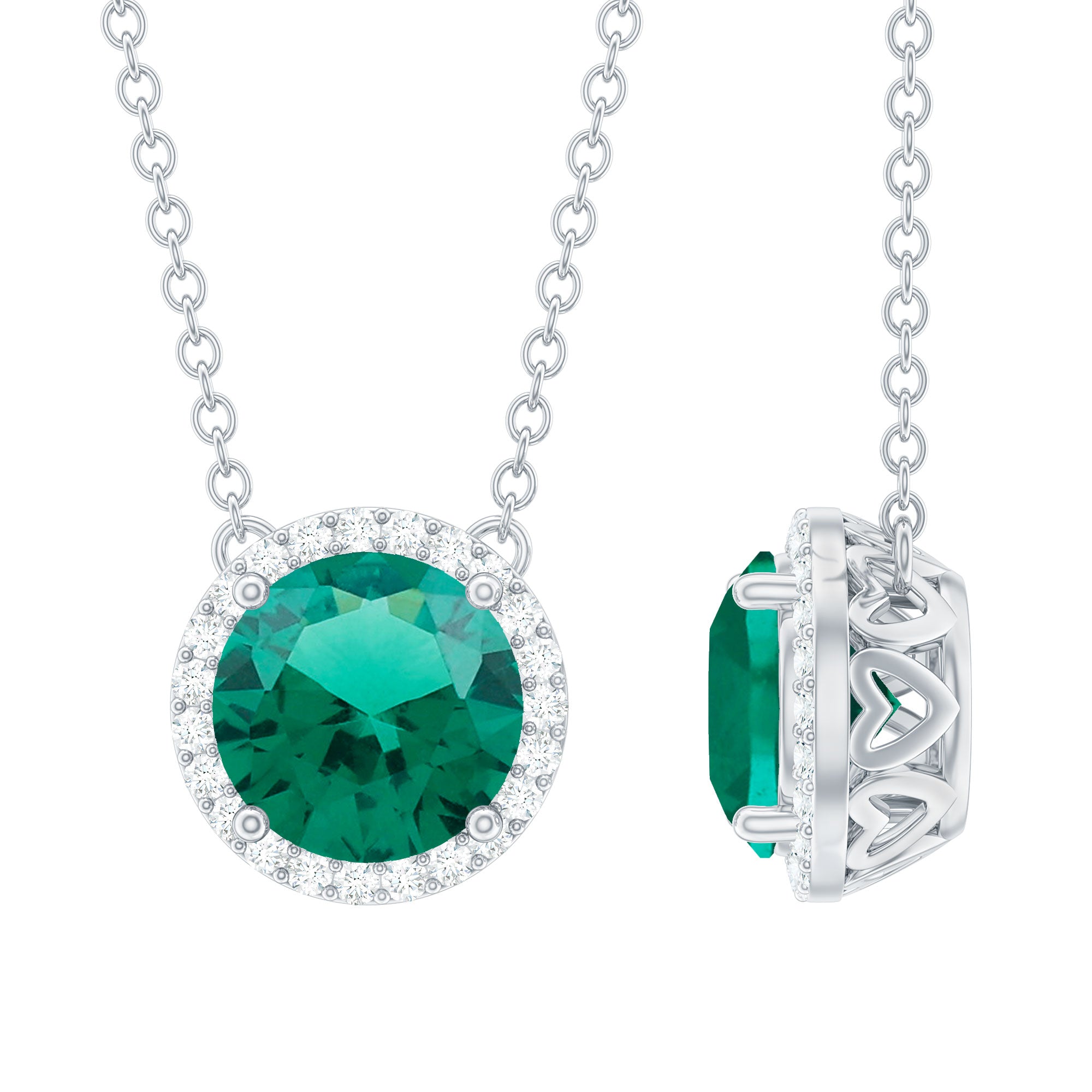 Lab Created Emerald Necklace – 2 Carat Round Emerald Pendant With Diamond Halo