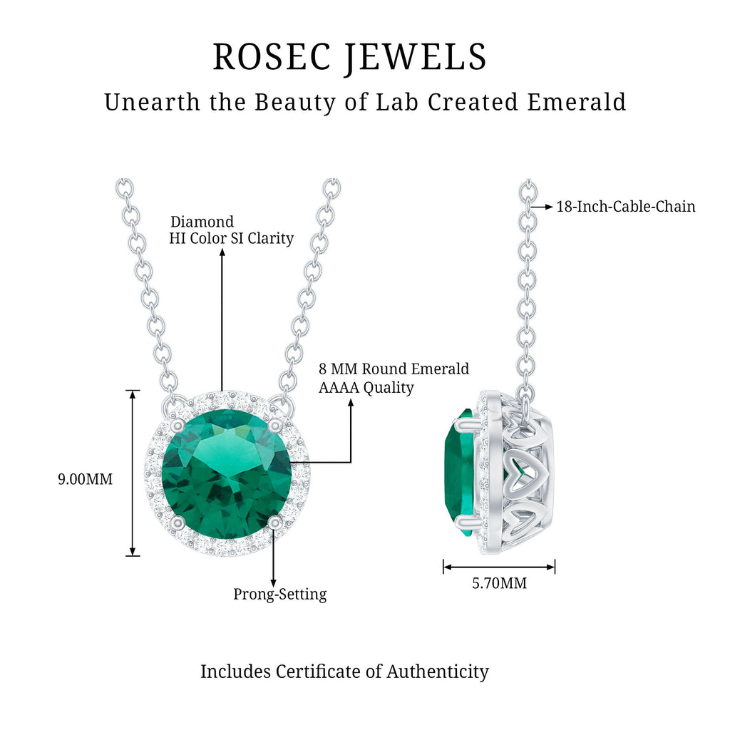 Lab Created Emerald Necklace – 2 Carat Round Emerald Pendant With Diamond Halo