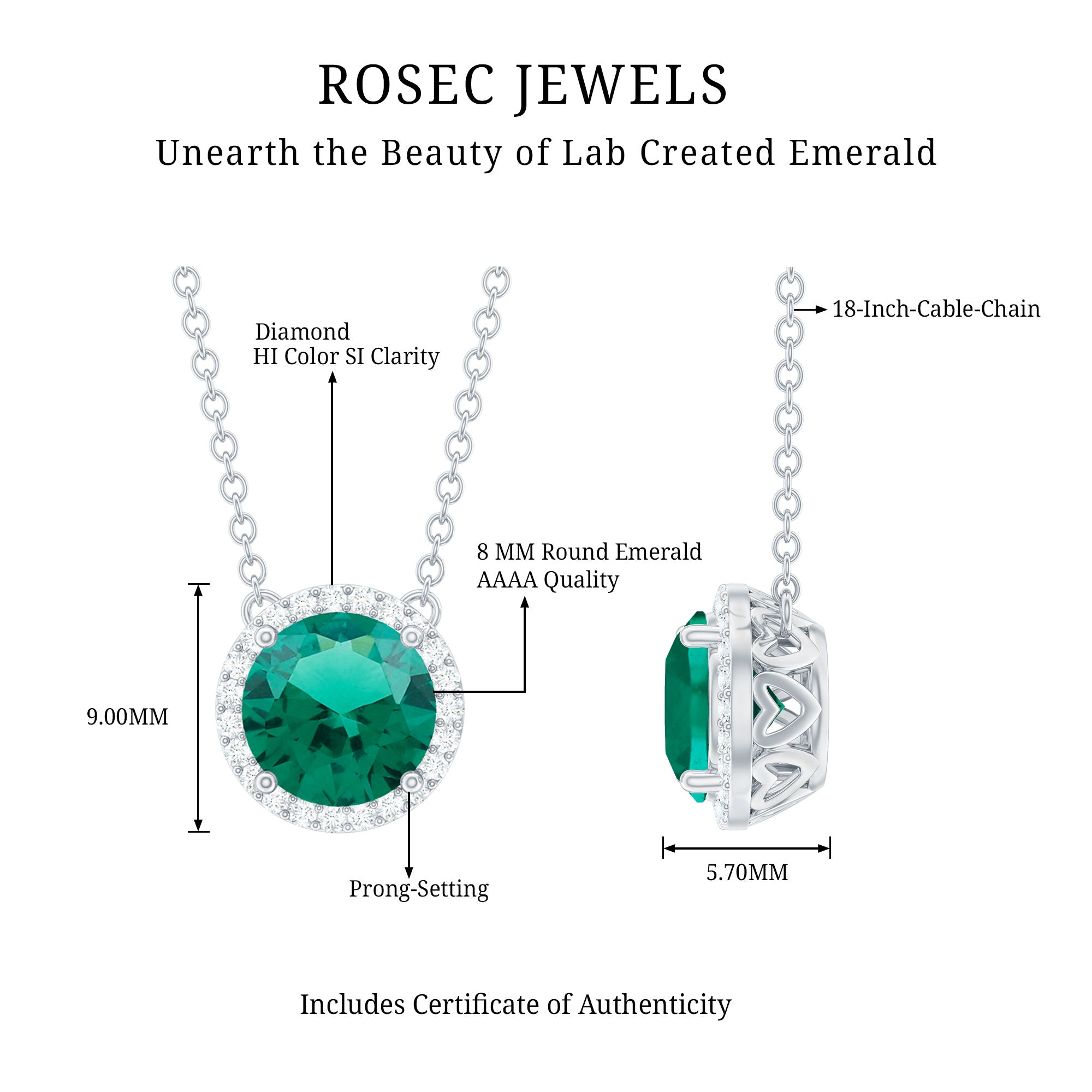 Lab Created Emerald Necklace – 2 Carat Round Emerald Pendant With Diamond Halo