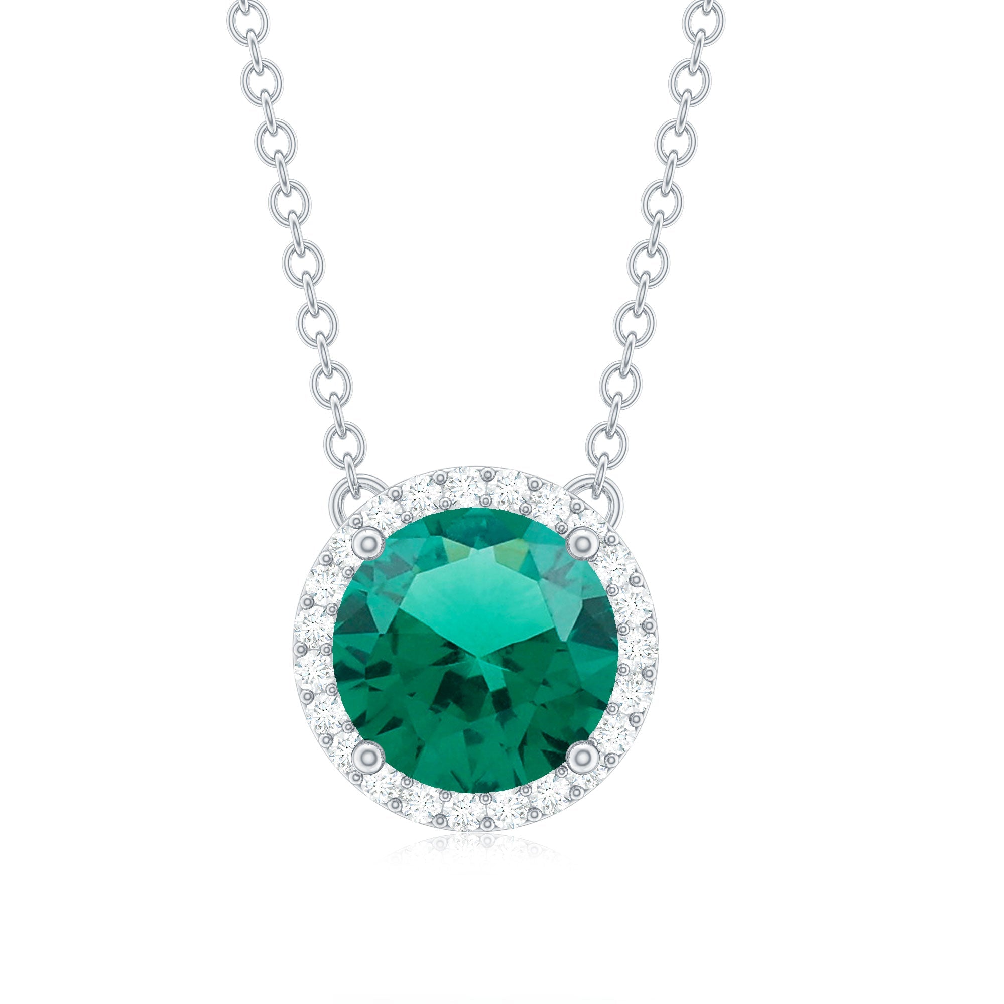 Lab Created Emerald Necklace – 2 Carat Round Emerald Pendant With Diamond Halo