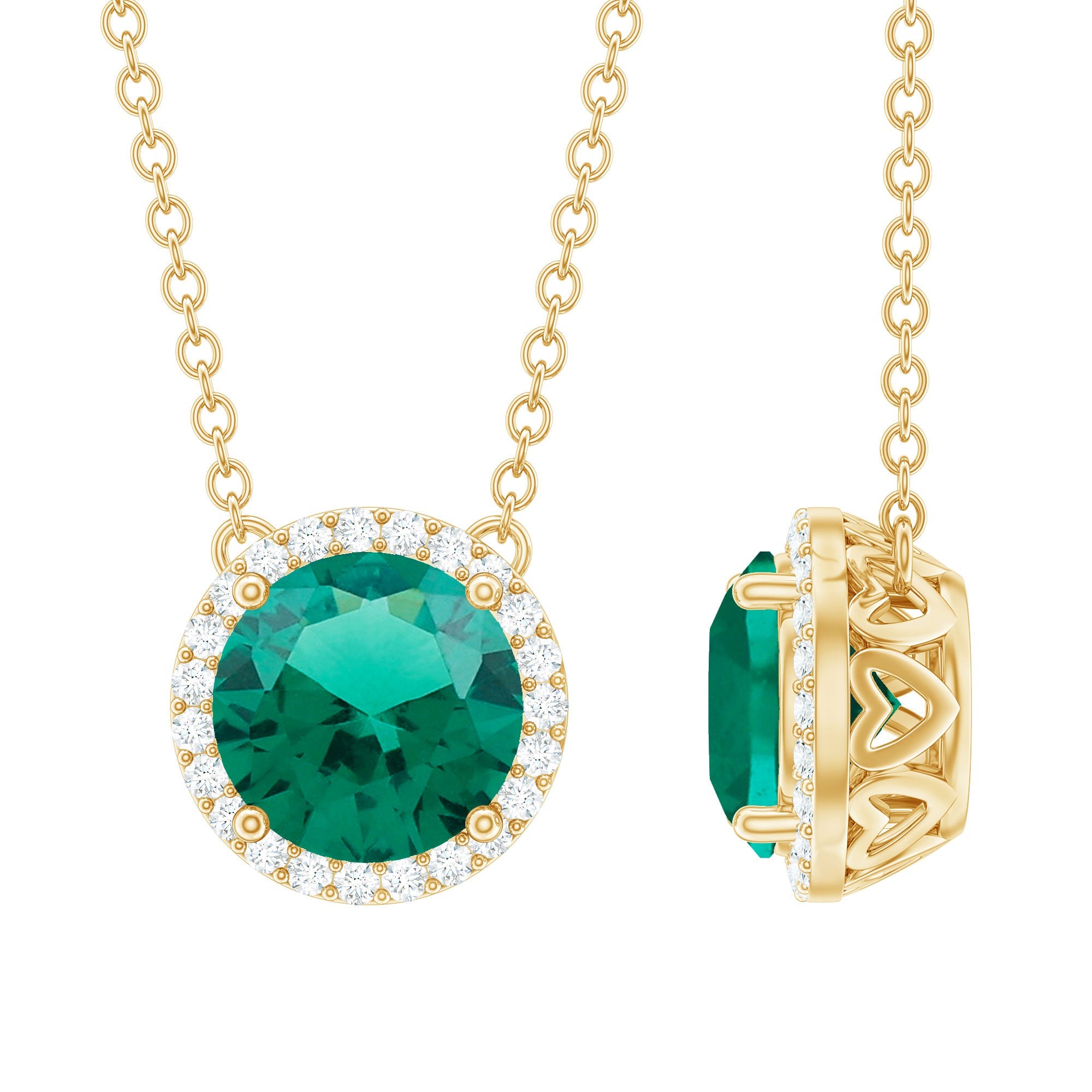 Lab Created Emerald Necklace – 2 Carat Round Emerald Pendant With Diamond Halo