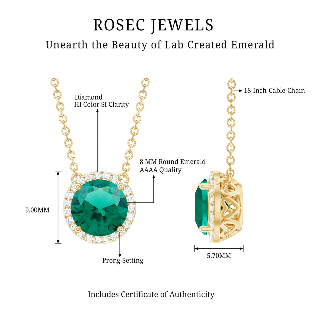Lab Created Emerald Necklace – 2 Carat Round Emerald Pendant With Diamond Halo