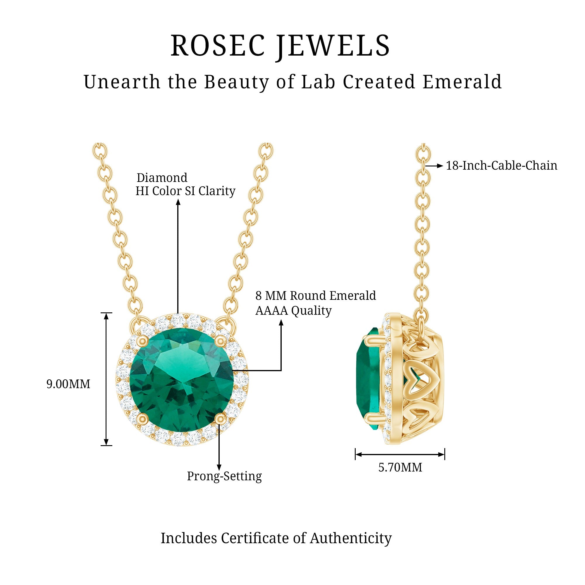 Lab Created Emerald Necklace – 2 Carat Round Emerald Pendant With Diamond Halo