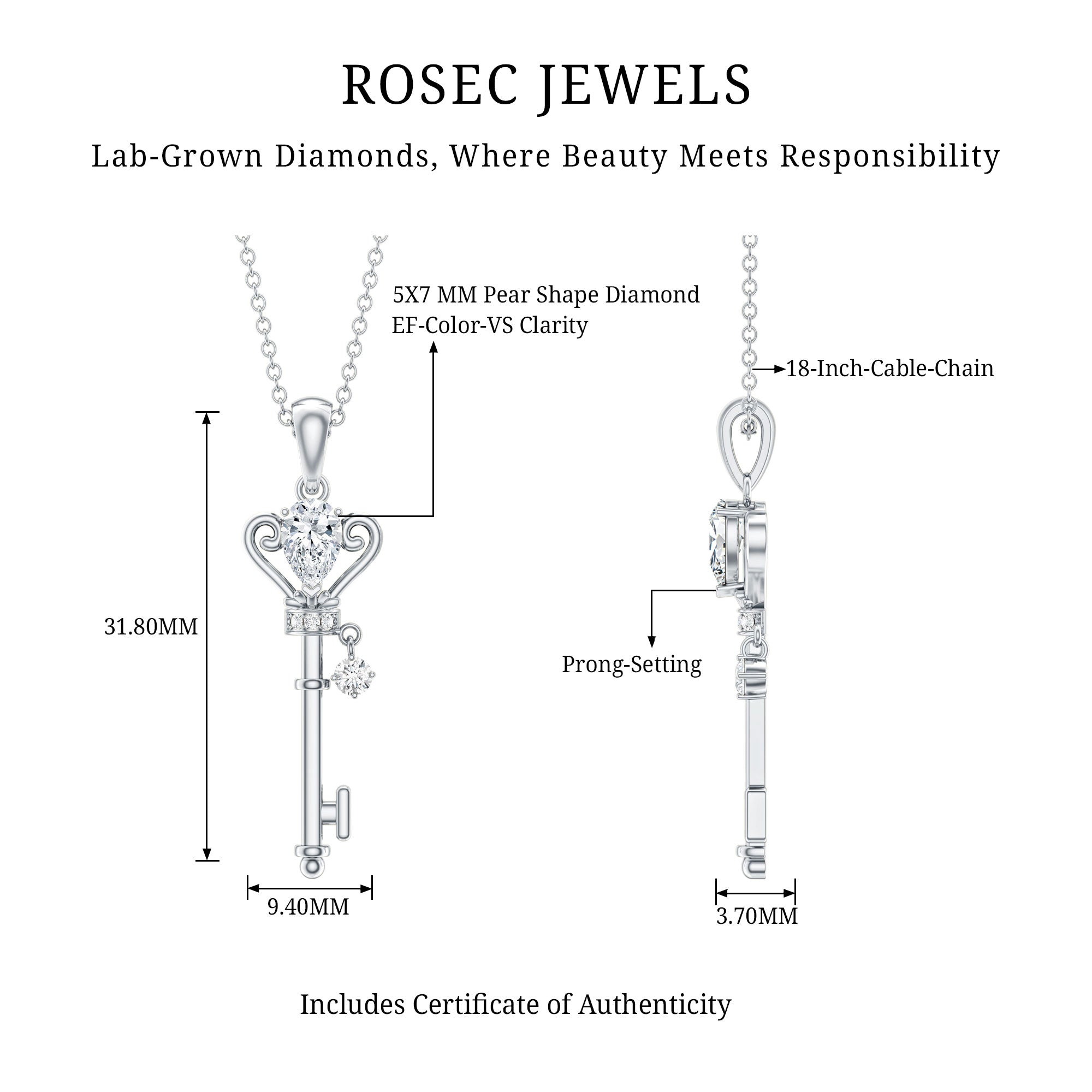 Certified Pear Shaped 0.6 Carat Lab Created Diamond Key Pendant