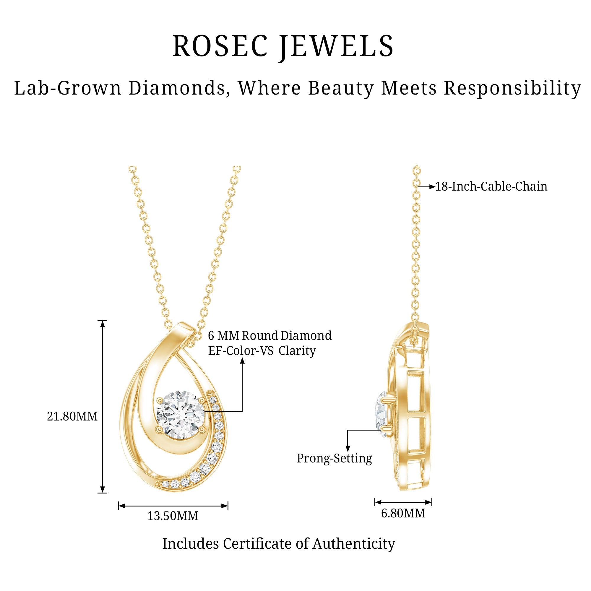 0.9 Carat Round Lab Grown Diamond Teardrop Necklace for Women