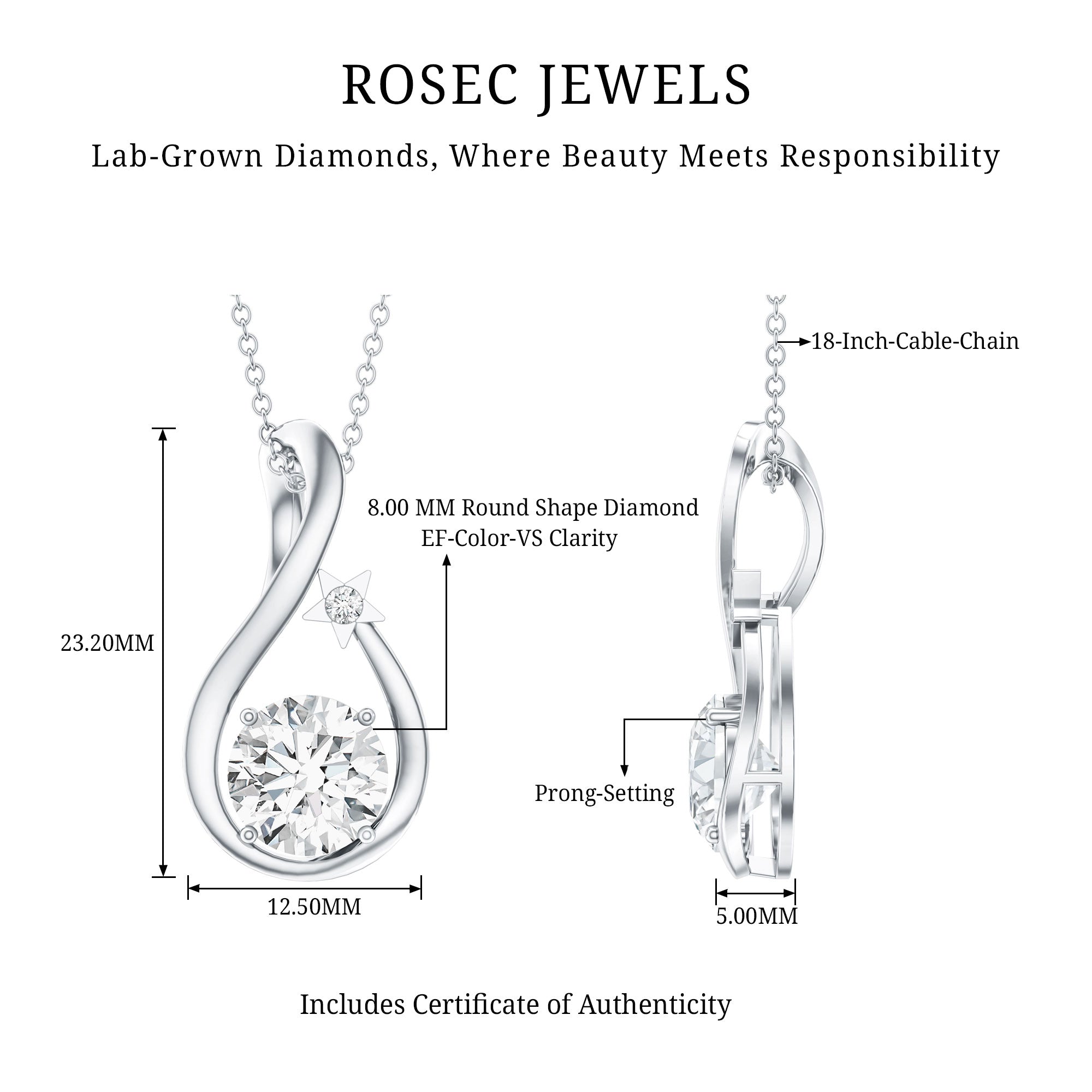 2 Carat Round Solitaire Lab Grown Diamond Teardrop Necklace