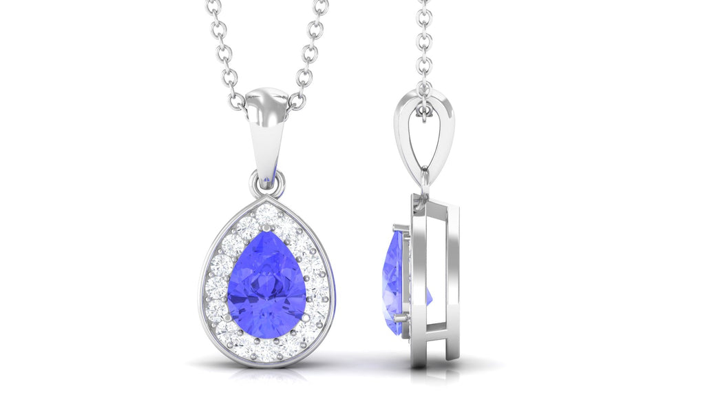 Tanzanite Pendant Necklace – Pear Shaped Teardrop Halo Pendant Blue Jewelry