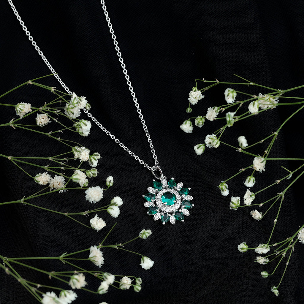 Emerald Flower Necklace – Lab Created Emerald Diamond Pendant | Sparkling Halo