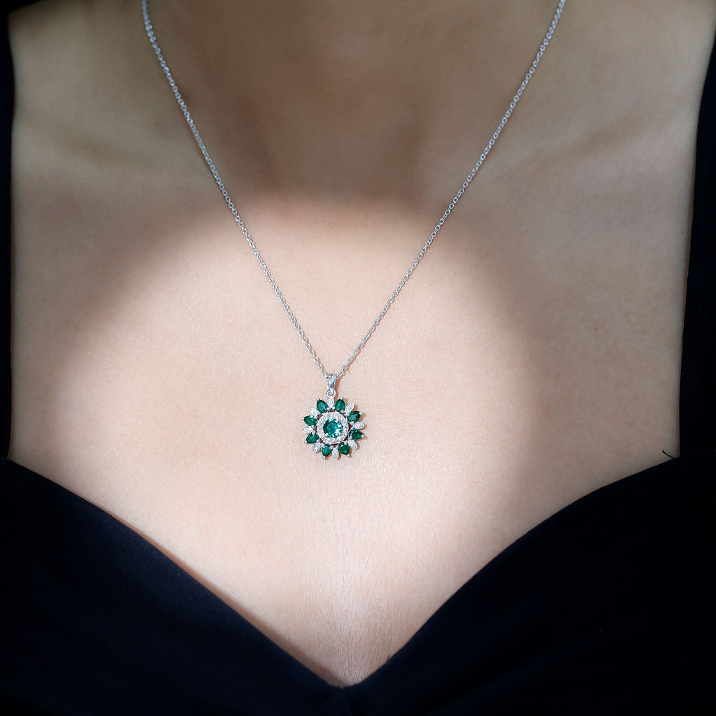 Emerald Flower Necklace – Lab Created Emerald Diamond Pendant | Sparkling Halo
