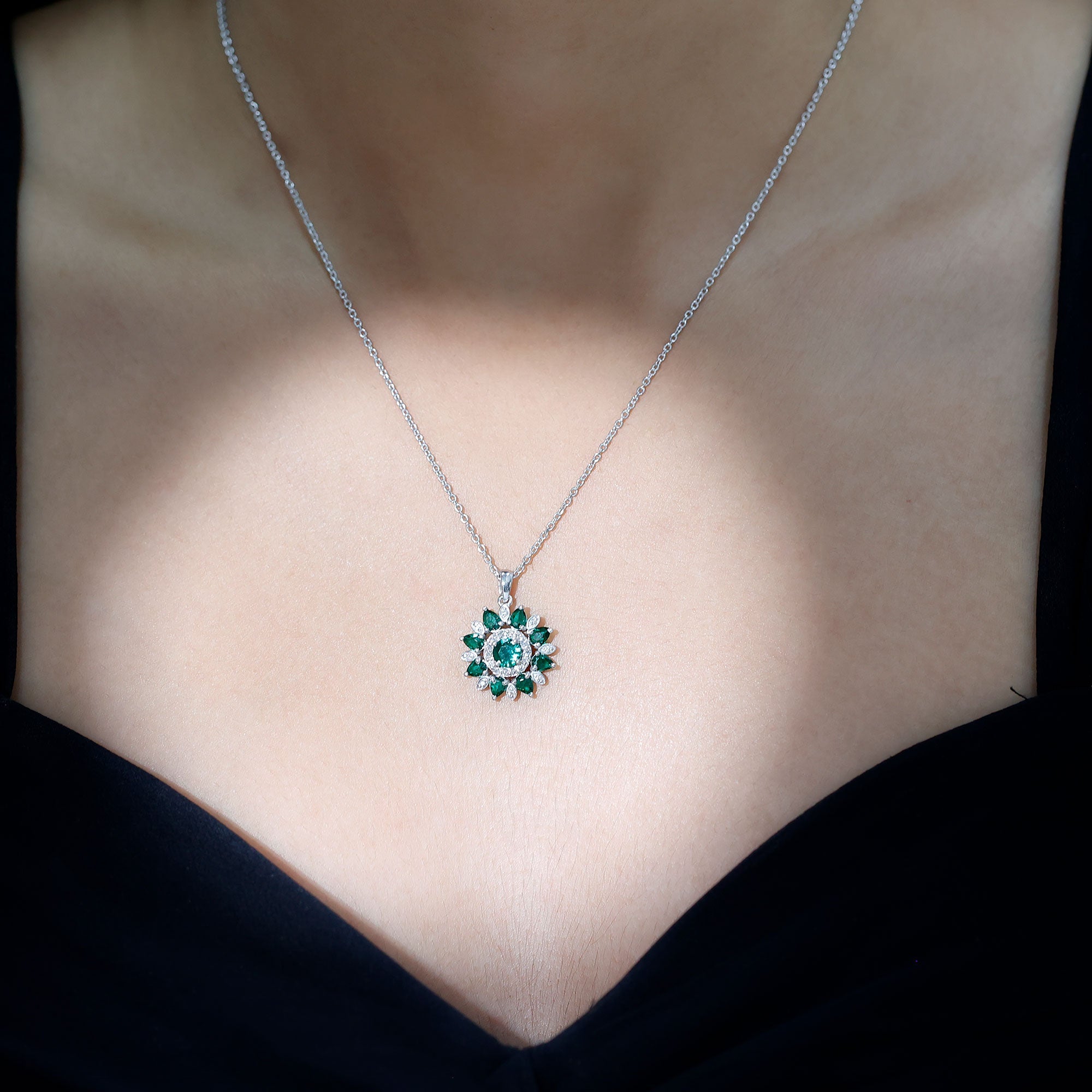 Emerald Flower Necklace – Lab Created Emerald Diamond Pendant | Sparkling Halo