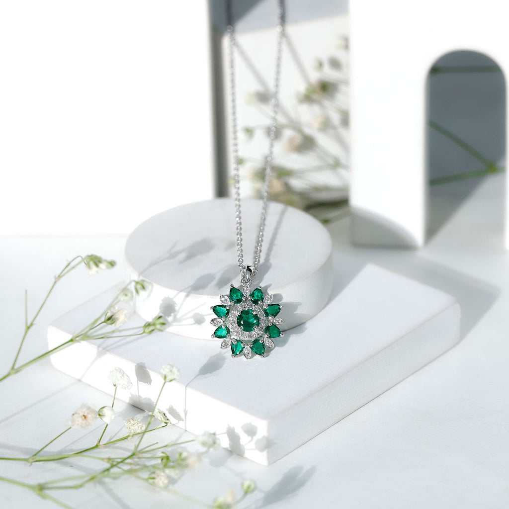 Emerald Flower Necklace – Lab Created Emerald Diamond Pendant | Sparkling Halo