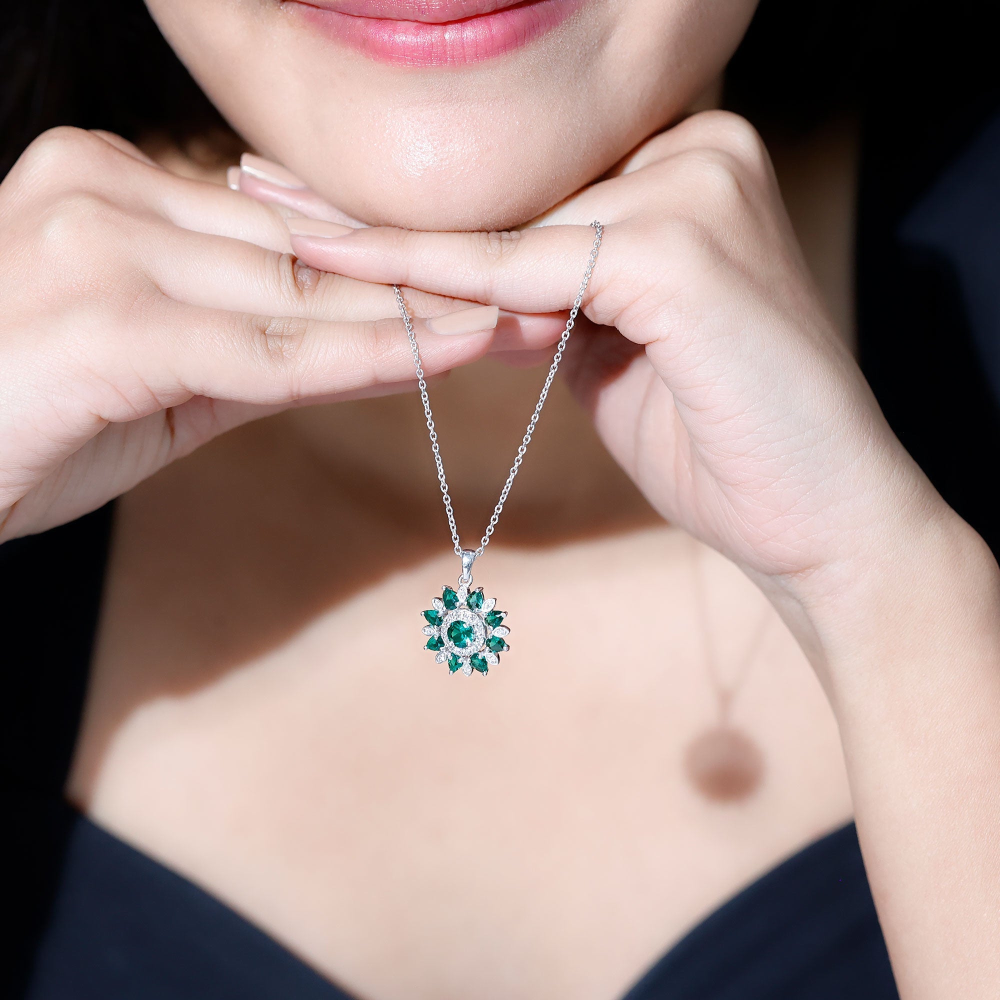 Emerald Flower Necklace – Lab Created Emerald Diamond Pendant | Sparkling Halo