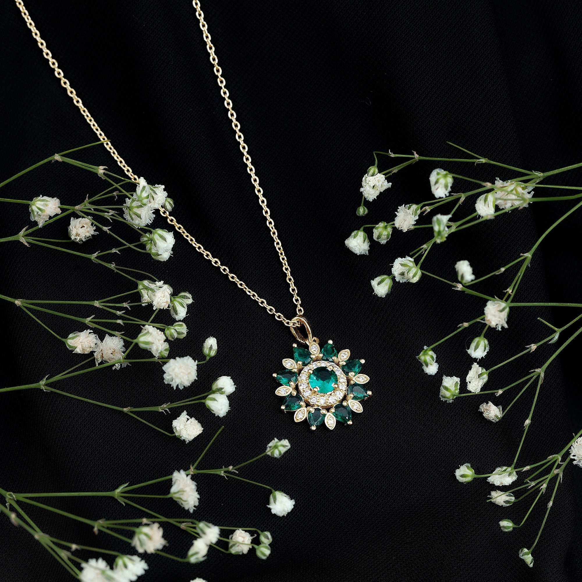 Emerald Flower Necklace – Lab Created Emerald Diamond Pendant | Sparkling Halo
