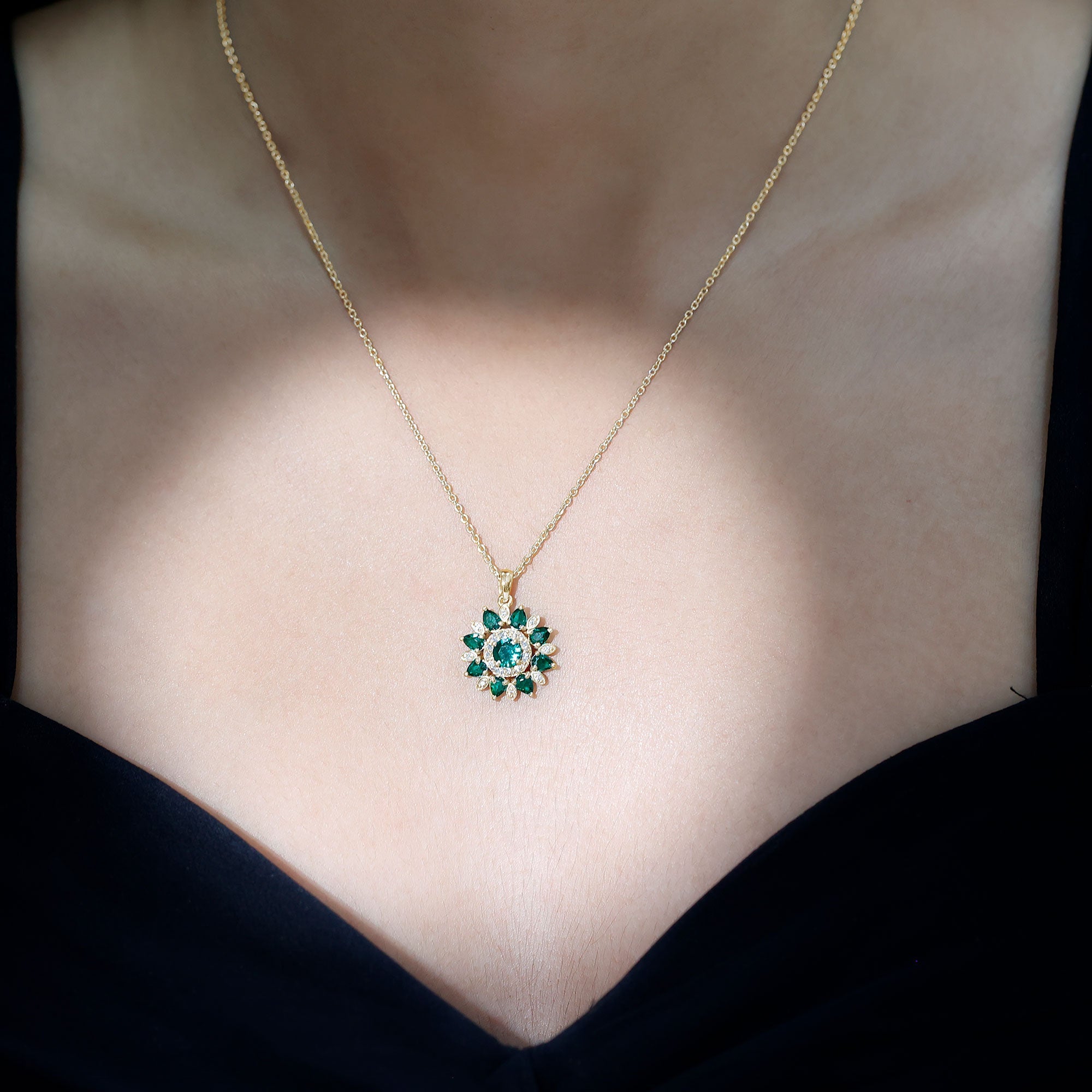 Emerald Flower Necklace – Lab Created Emerald Diamond Pendant | Sparkling Halo