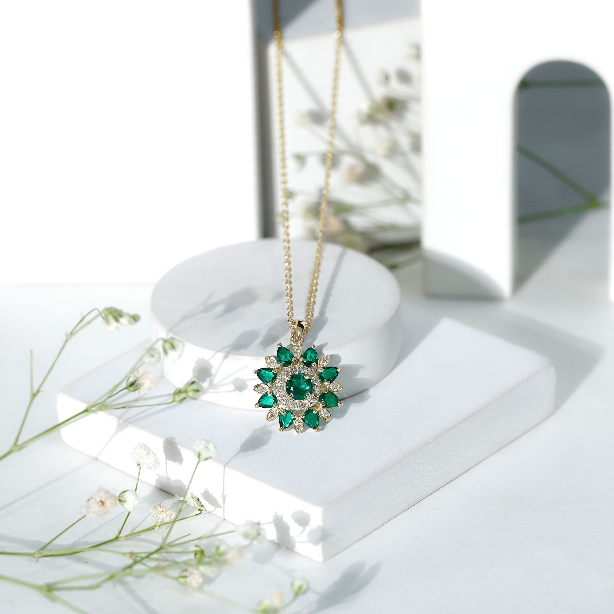 Emerald Flower Necklace – Lab Created Emerald Diamond Pendant | Sparkling Halo