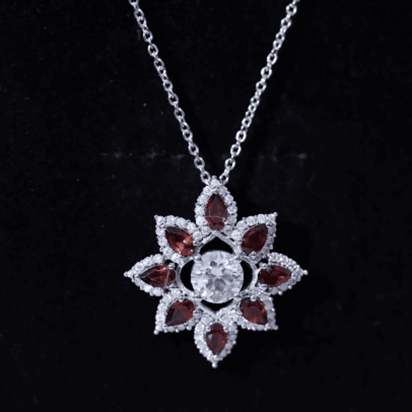 Moissanite Flower Pendant – Certified 7mm Round Moissanite With Garnet Gems