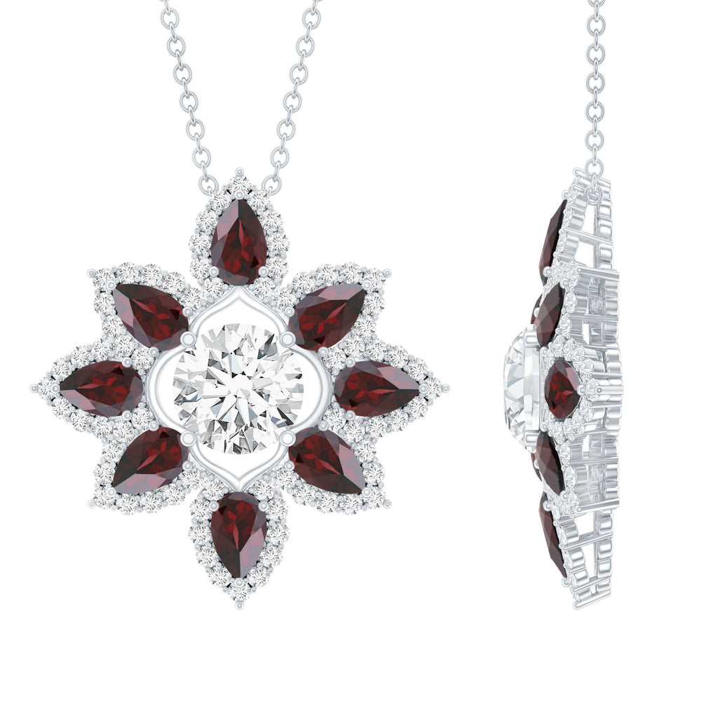 Moissanite Flower Pendant – Certified 7mm Round Moissanite With Garnet Gems