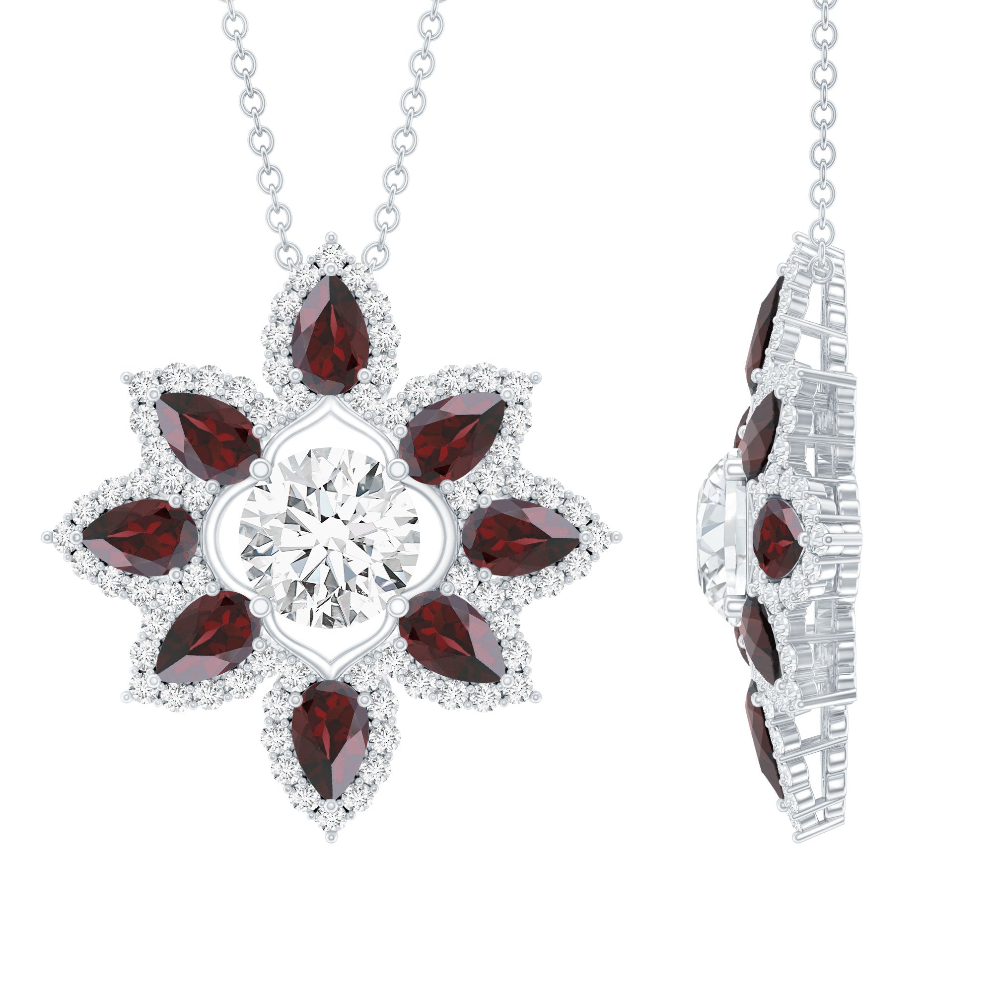 Moissanite Flower Necklace – 14k White Gold Statement Necklace with Pear Shaped Garnet