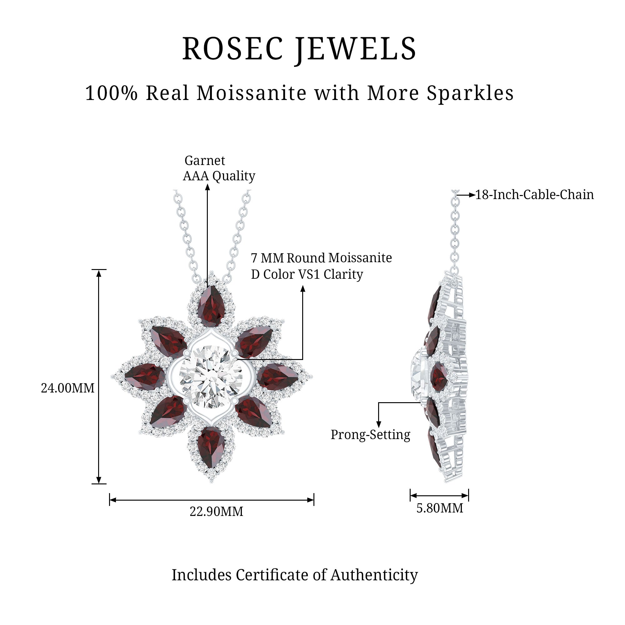 Moissanite Flower Pendant – Certified 7mm Round Moissanite With Garnet Gems