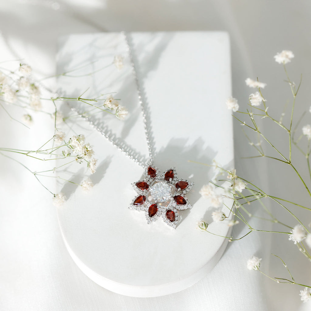 Moissanite Flower Pendant – Certified 7mm Round Moissanite With Garnet Gems