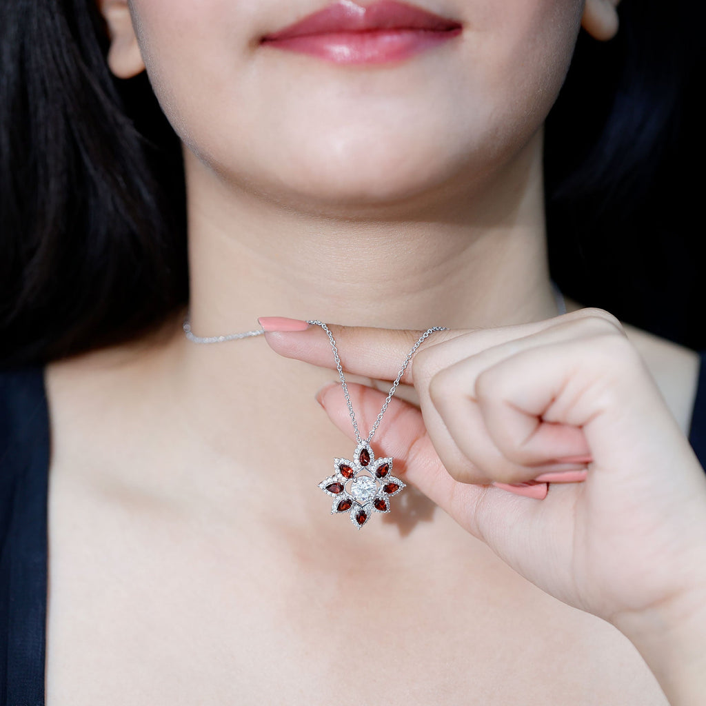 Moissanite Flower Pendant – Certified 7mm Round Moissanite With Garnet Gems