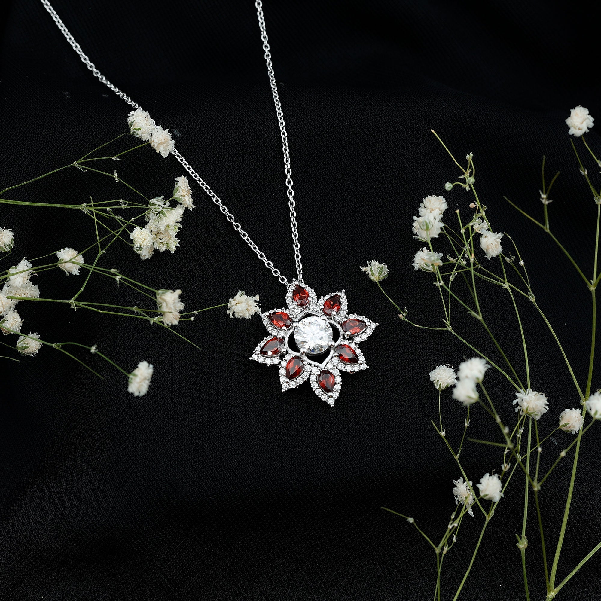 Moissanite Flower Necklace – 14k White Gold Statement Necklace with Pear Shaped Garnet