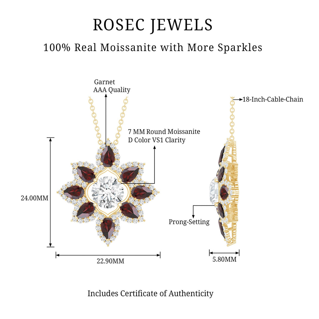 Moissanite Flower Pendant – Certified 7mm Round Moissanite With Garnet Gems