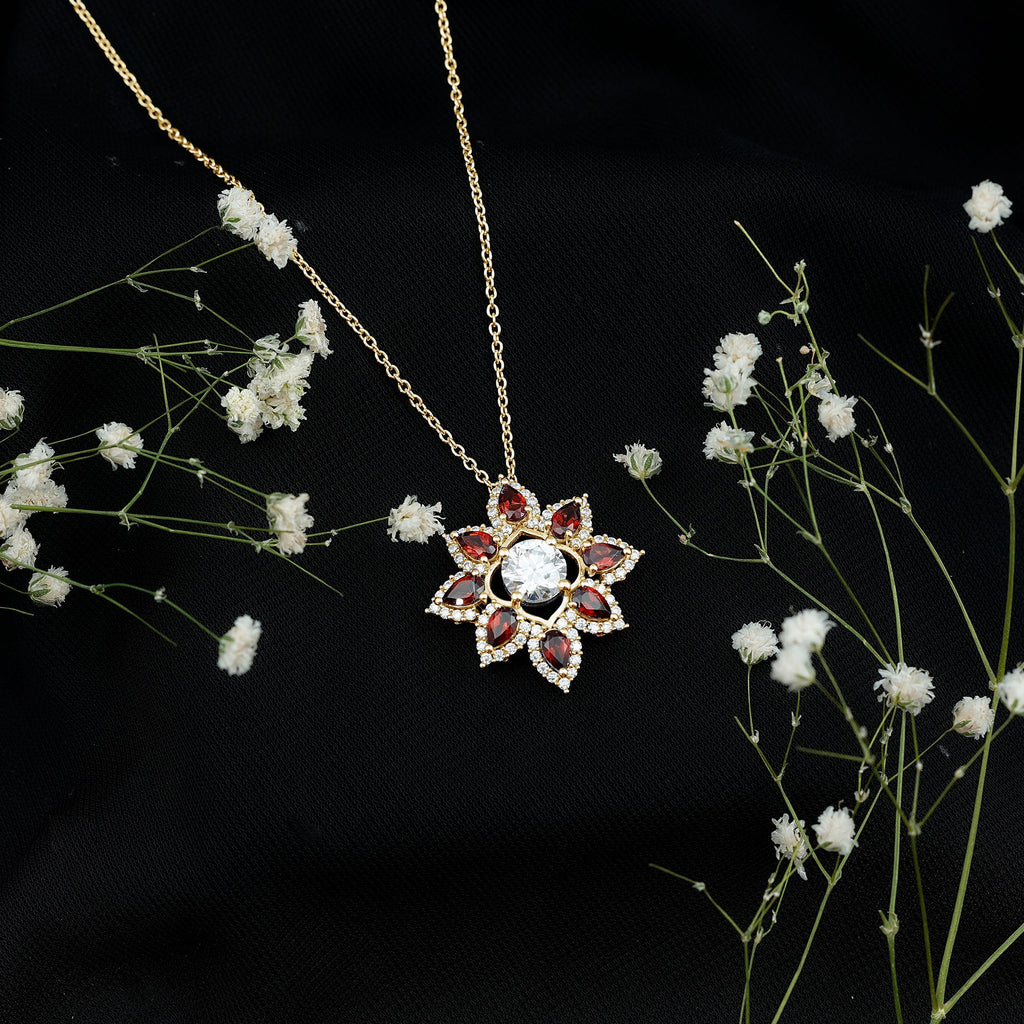 Moissanite Flower Pendant – Certified 7mm Round Moissanite With Garnet Gems