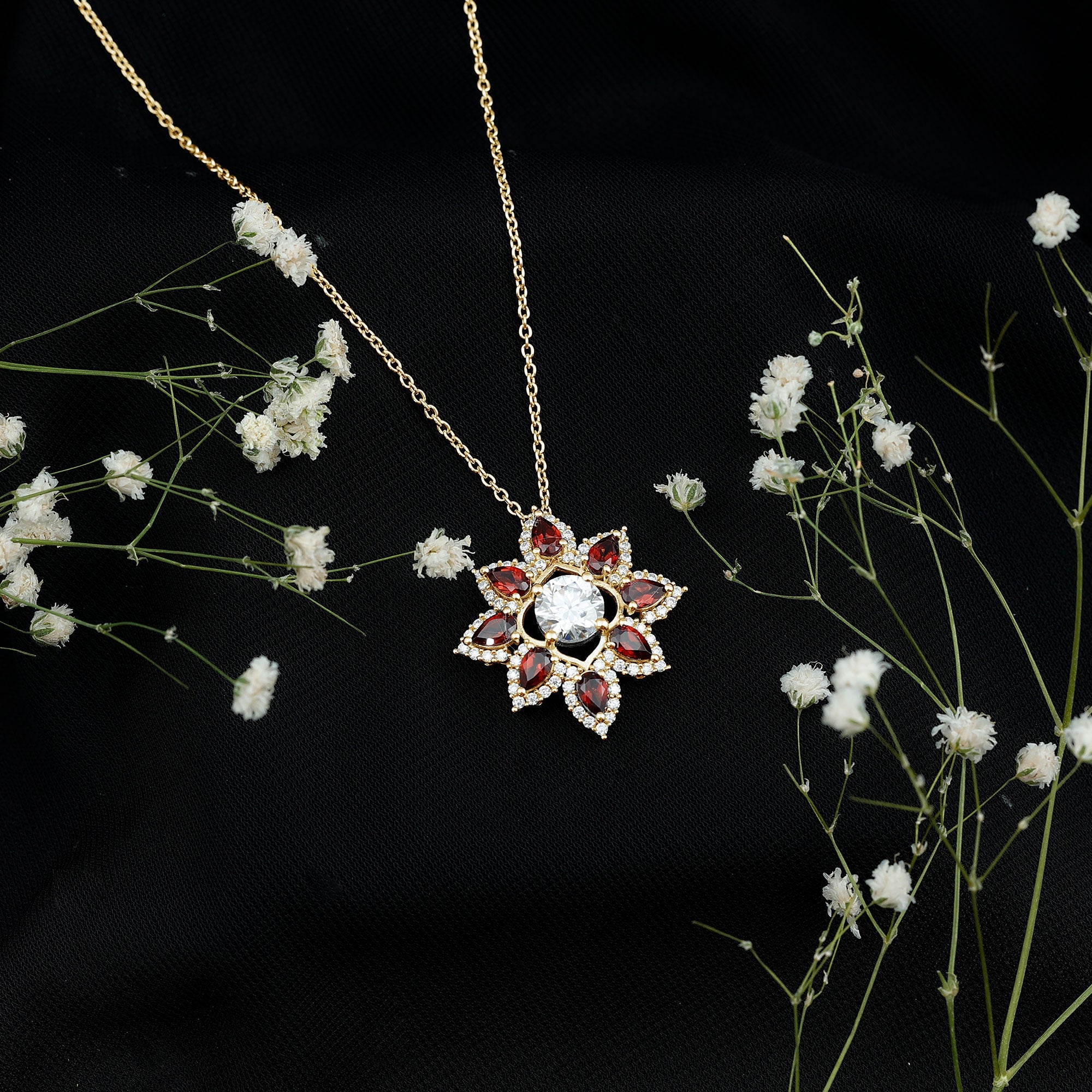 Moissanite Flower Pendant – Certified 7mm Round Moissanite With Garnet Gems