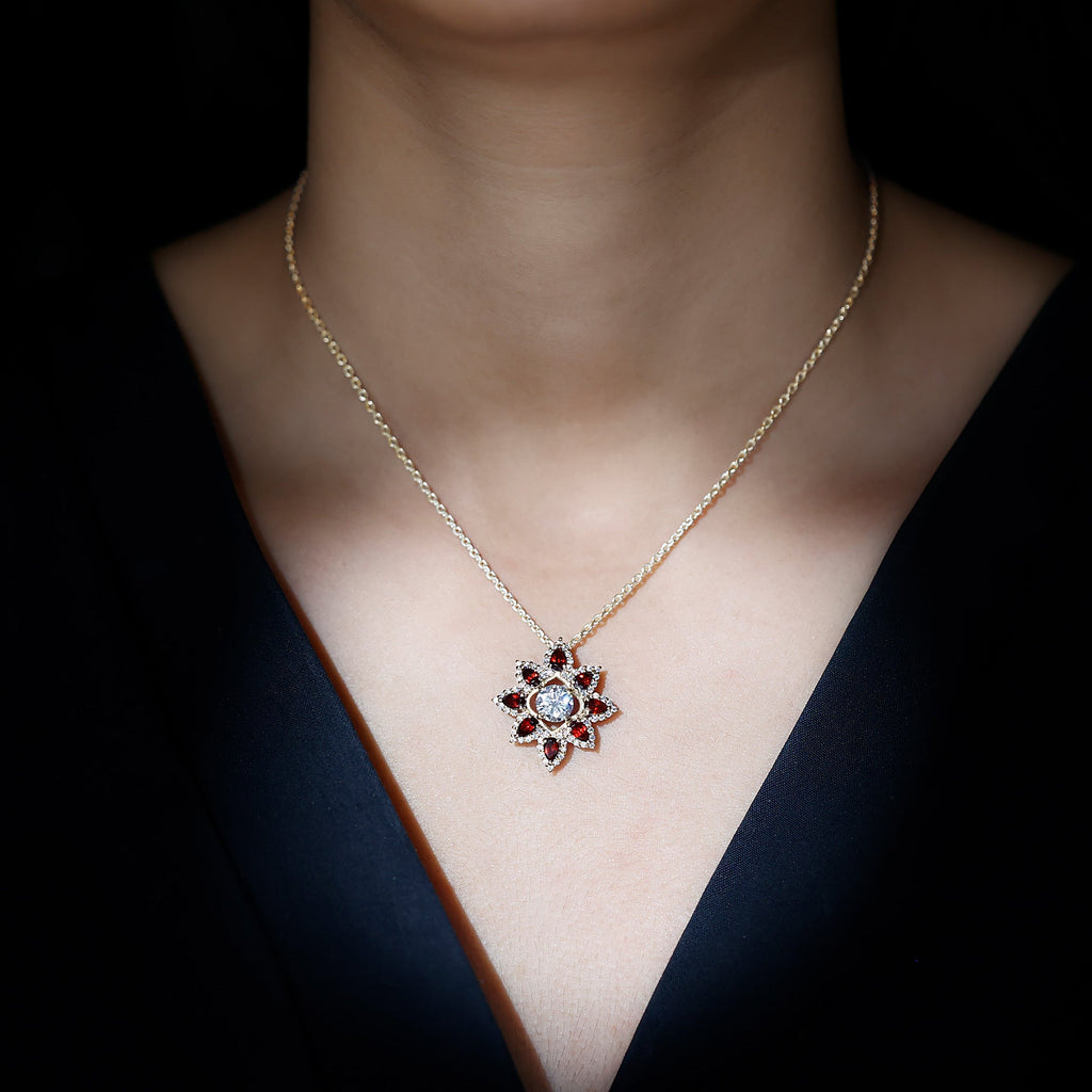 Moissanite Flower Pendant – Certified 7mm Round Moissanite With Garnet Gems