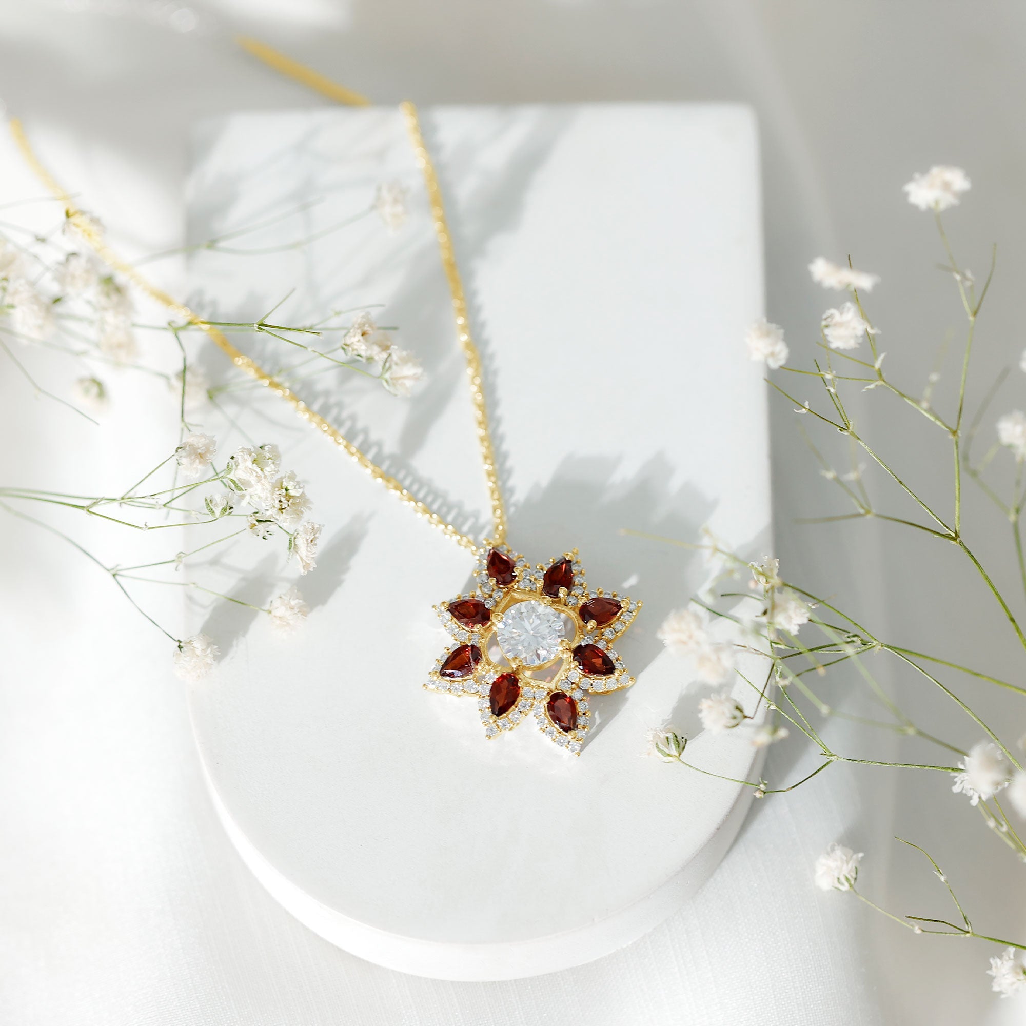 Moissanite Flower Pendant – Certified 7mm Round Moissanite With Garnet Gems