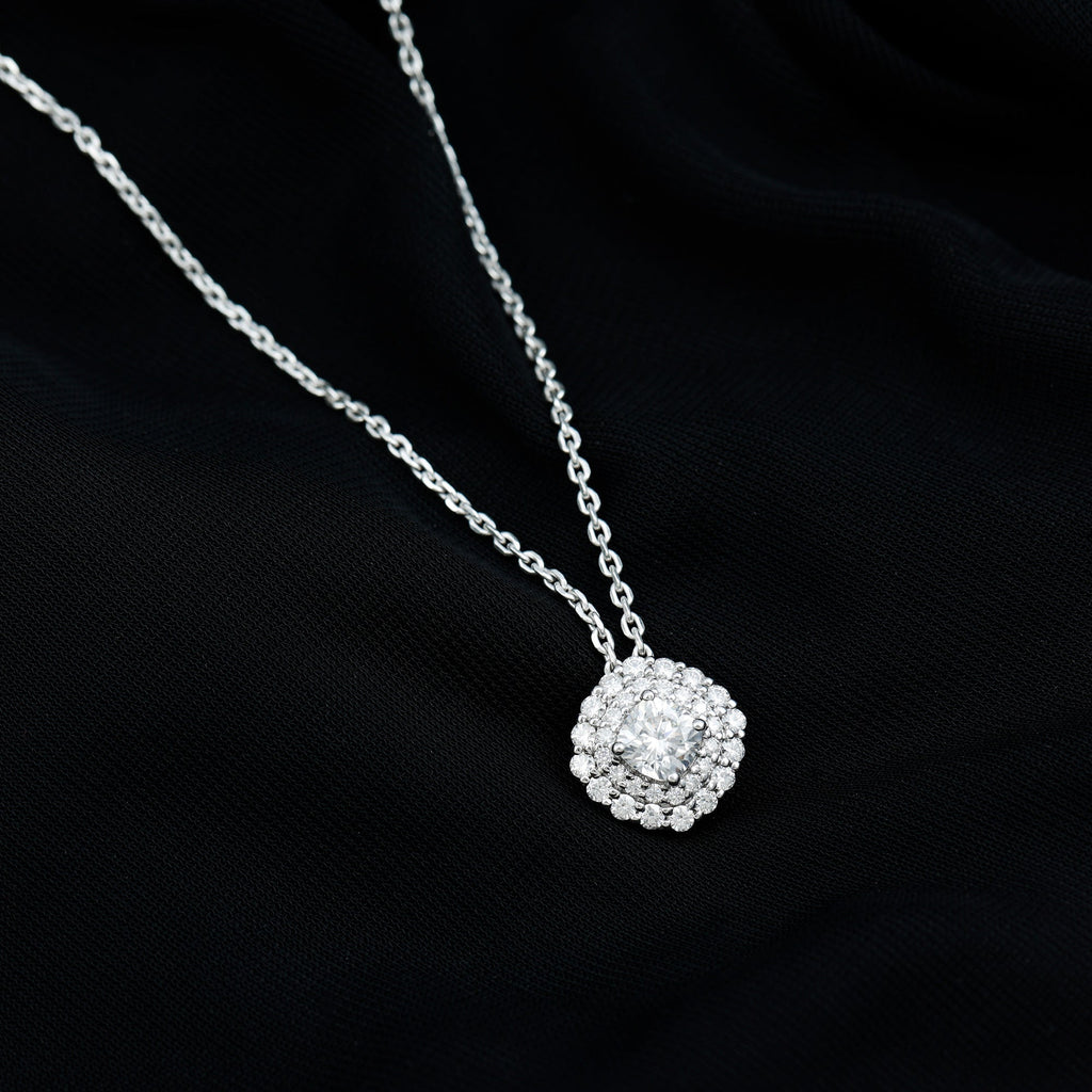 Certified Moissanite Double Halo Pendant Necklace with Silver Chain