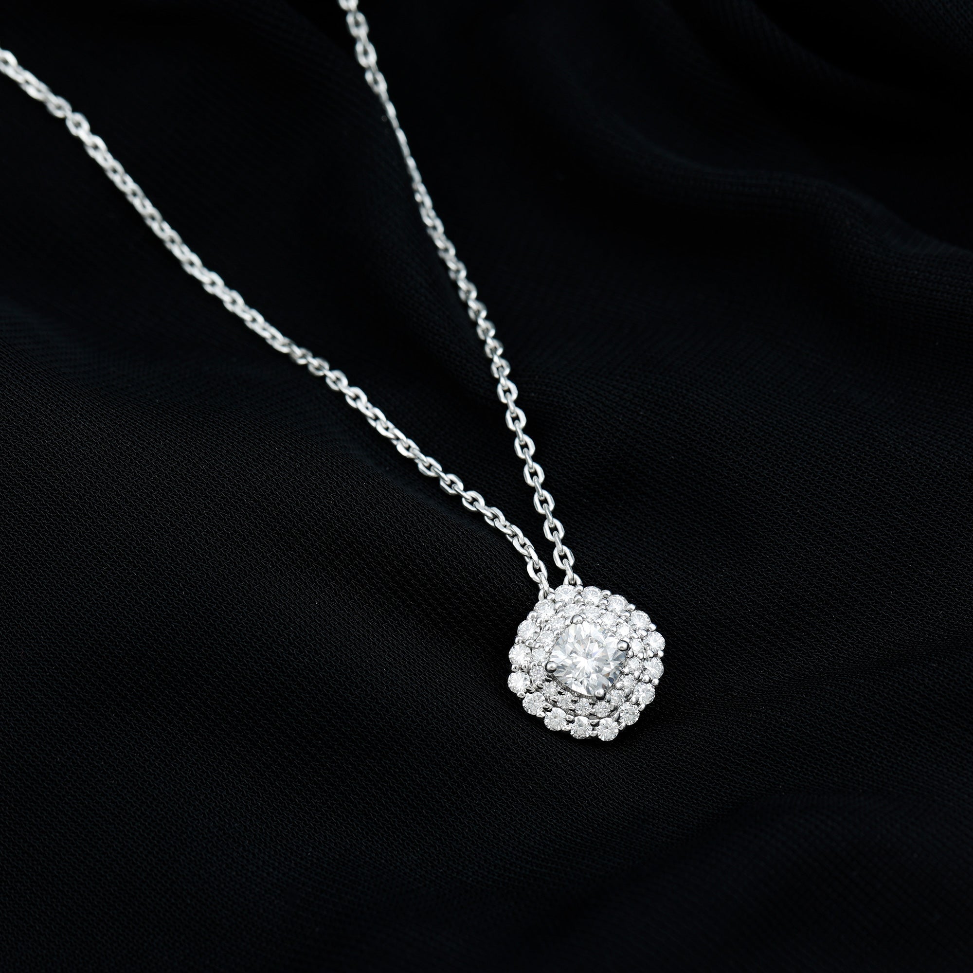 Certified Moissanite Double Halo Pendant Necklace with Silver Chain