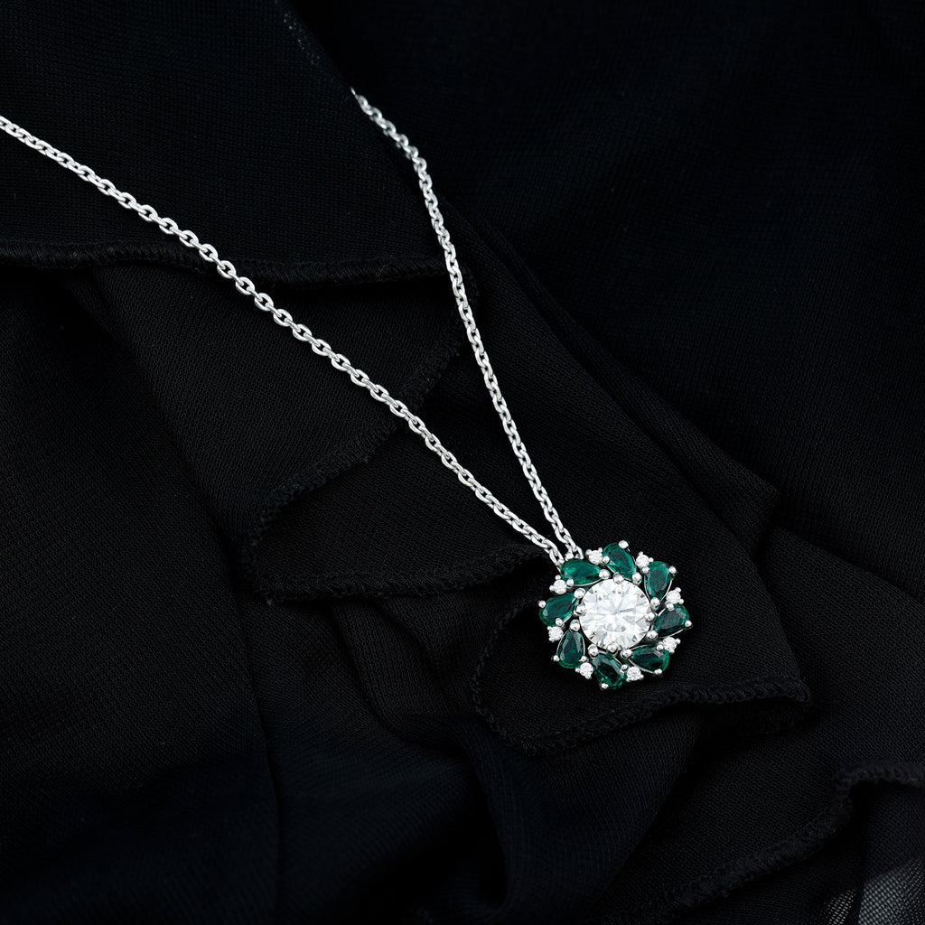 Certified 2 Carat Moissanite and Lab Emerald Flower Necklace in Silver