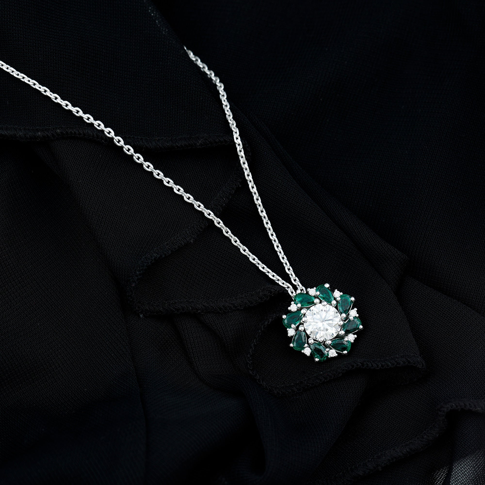 Certified 2 Carat Moissanite and Lab Emerald Flower Necklace in Silver