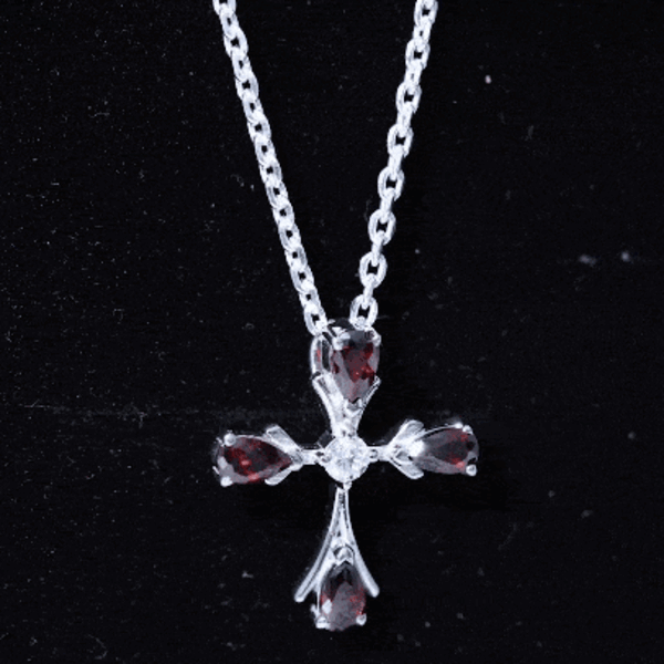 Garnet Cross Necklace – Faith Symbol Pendant with Pear Shaped Garnet, Moissanite & Silver Chain