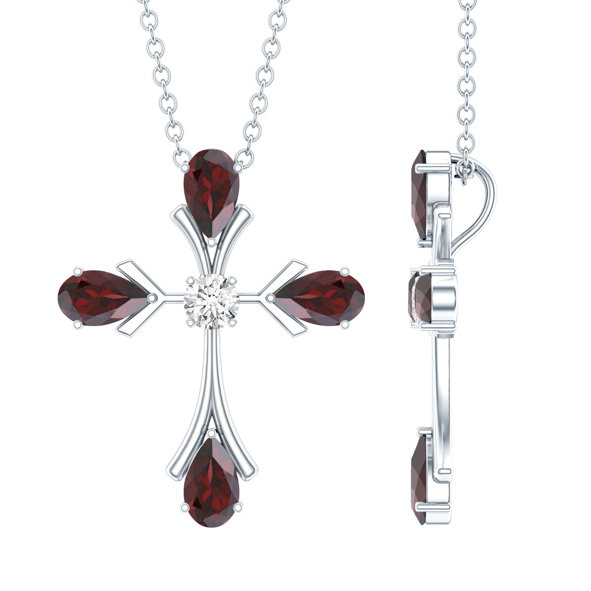 Garnet Cross Necklace – Faith Symbol Pendant with Pear Shaped Garnet, Moissanite & Silver Chain